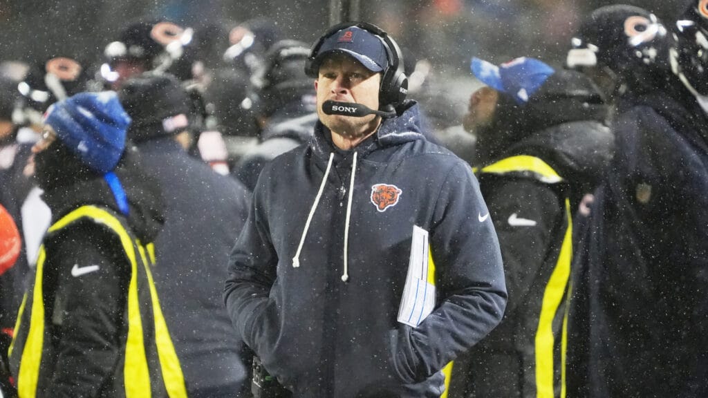 Chicago Bears head coach Ben Johnson watches game play against the Los Angeles Rams during the second quarter of an NFC Divisional Round game at Soldier Field. Mandatory Credit: David Banks-Imagn Images