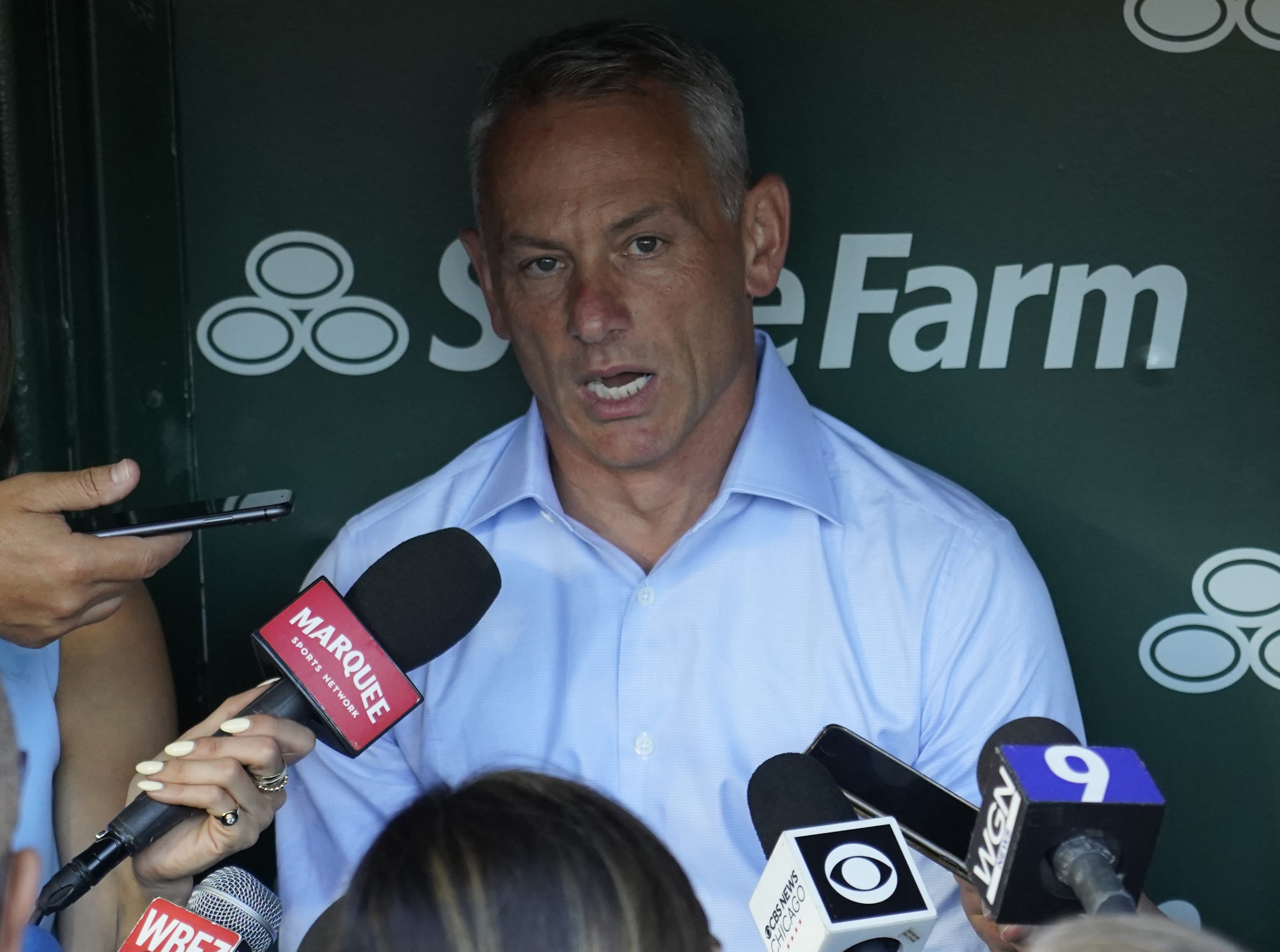 Jul 1, 2025; Chicago, Illinois, USA; Chicago Cubs President Jed Hoyer answers questions before the game against the Cleveland Guardians at Wrigley Field.