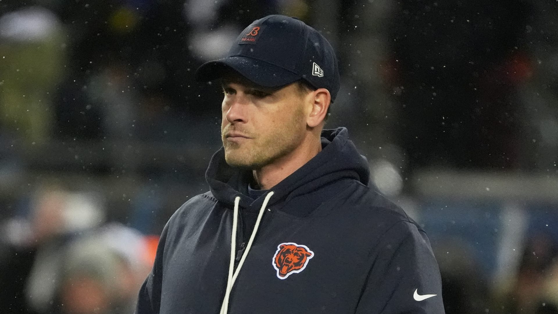 Chicago Bears head coach Ben Johnson looks on during warmups before an NFC Divisional Round game against the Los Angeles Rams at Soldier Field. Mandatory Credit: David Banks-Imagn Images