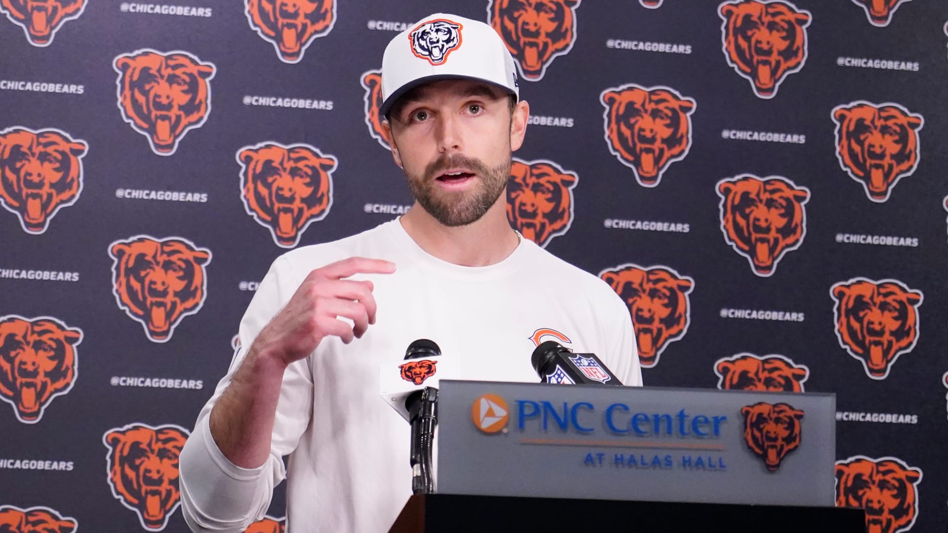 Chicago Bears offensive coordinator Declan Doyle answers questions after rookie minicamp at Halas Hall. Mandatory Credit: David Banks-Imagn Images