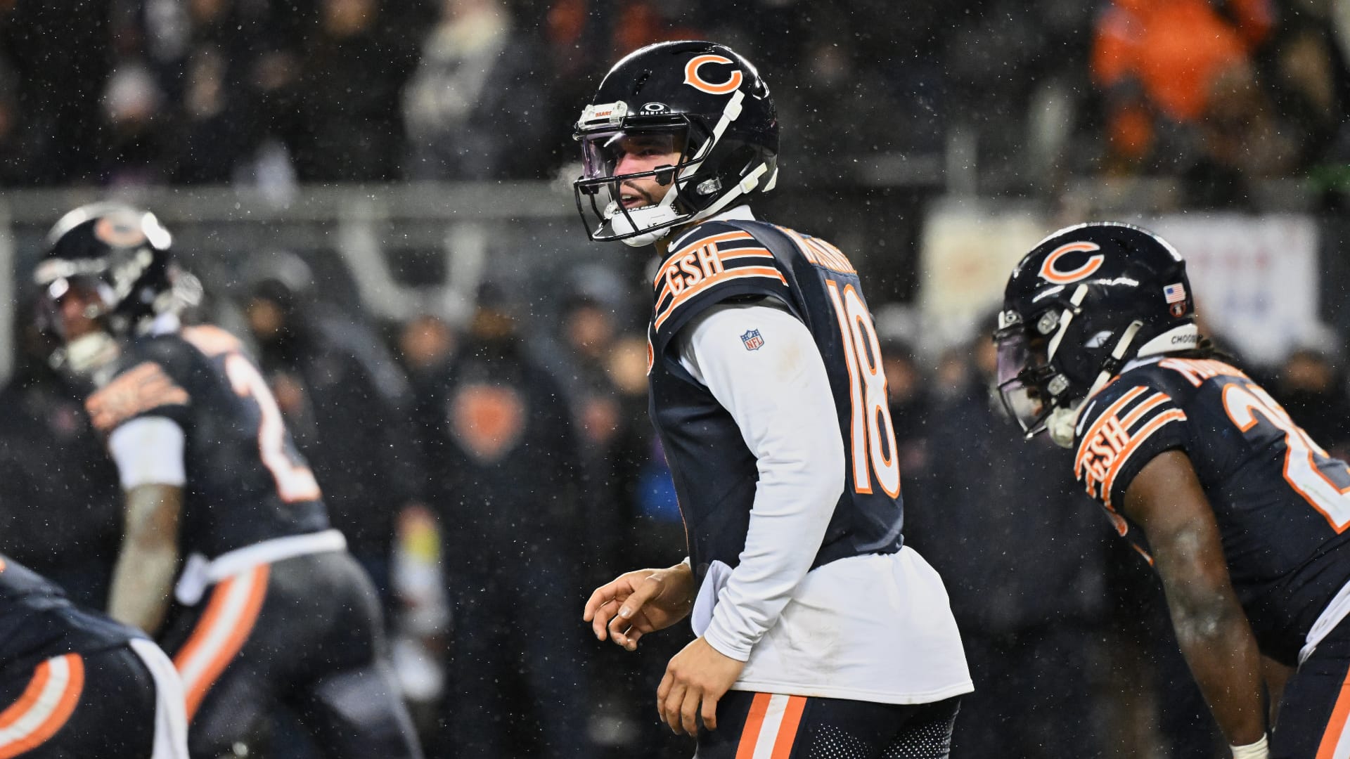 Chicago Bears quarterback Caleb Williams (18) calls the snap count from shotgun formation against the Los Angeles Rams during the third quarter of an NFC Divisional Round game at Soldier Field. Mandatory Credit: Matt Marton-Imagn Images