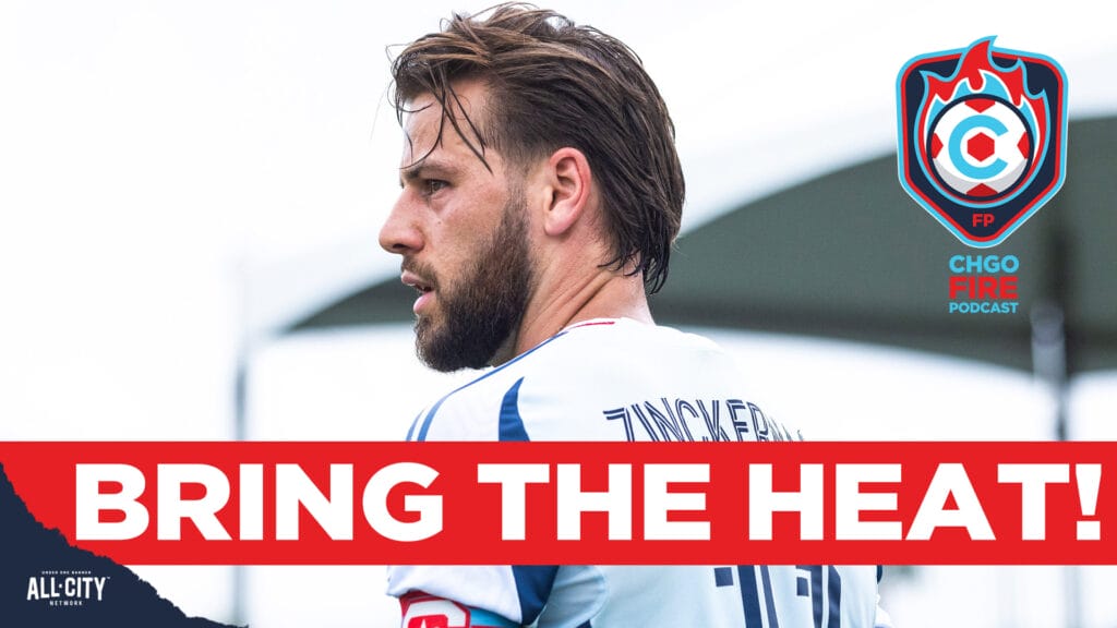 Chicago winger Philip Zinckernagel looks to the left while wearing the Fire's gray secondary kit. The CHGO Fire podcast logo is in the top right corner, and a red banner with white text across the bottom of the screen reads