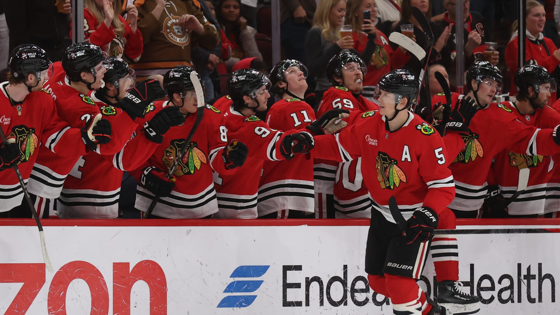 Chicago Blackhawks defenseman Connor Murphy (5) celebrates a second period goal against the Colorado Avalanche at United Center. Mandatory Credit: Talia Sprague-Imagn Images