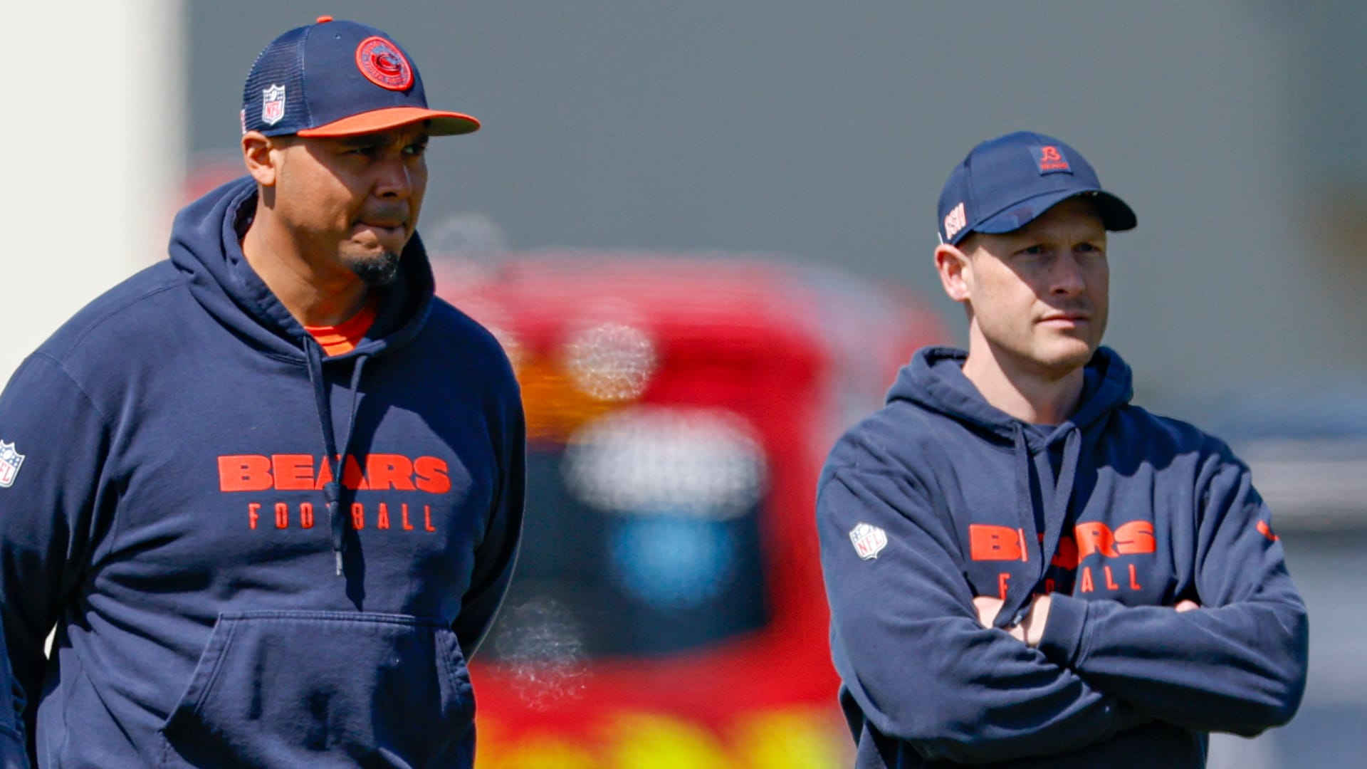 Chicago Bears general manager Ryan Poles and head coach Ben Johnson observe during the Rookie Minicamp at Halas Hall. Mandatory Credit: Kamil Krzaczynski-Imagn Images