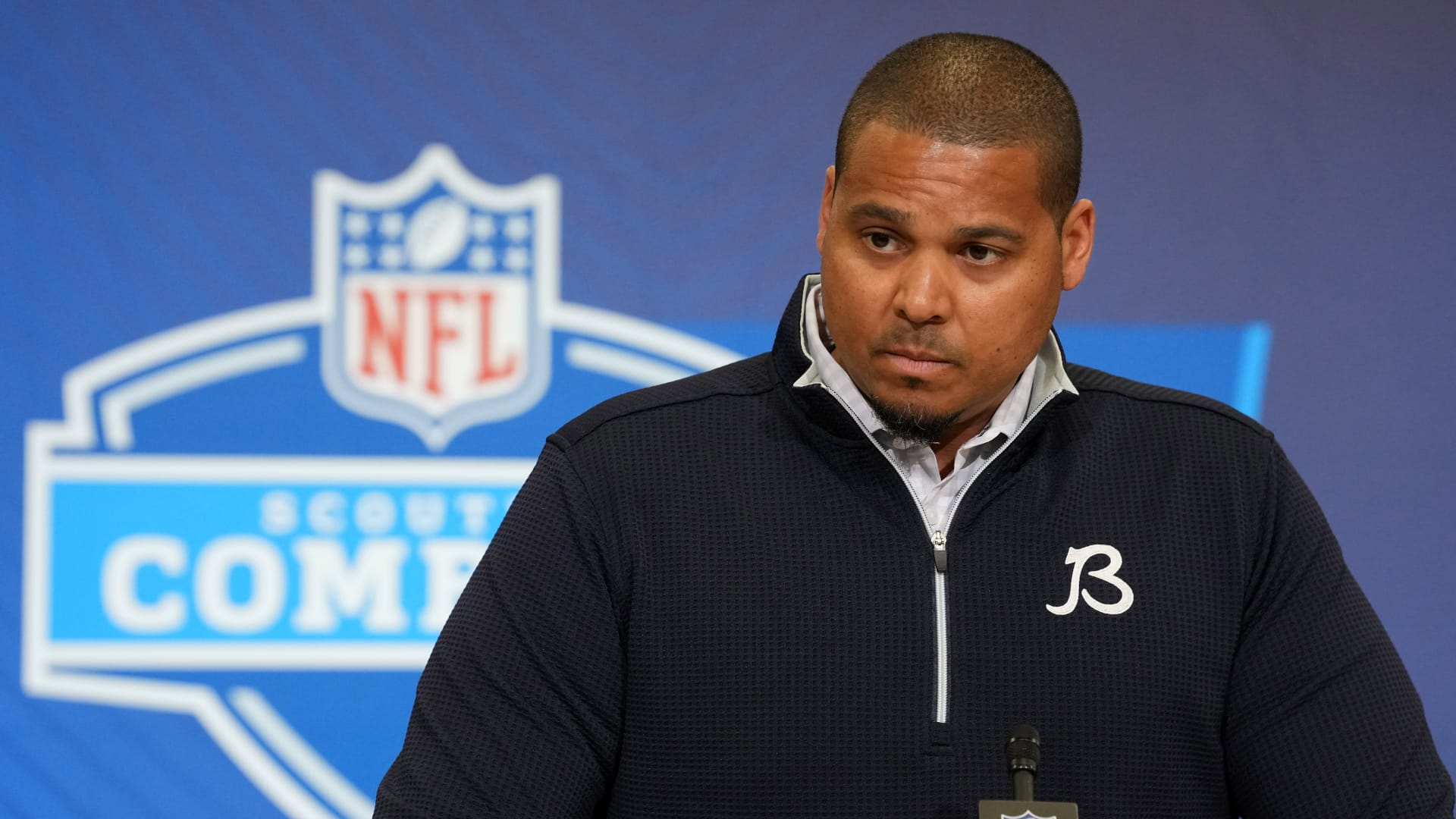 Chicago Bears general manager Ryan Poles speaks at the NFL Scouting Combine at the Indiana Convention Center. Mandatory Credit: Kirby Lee-Imagn Images