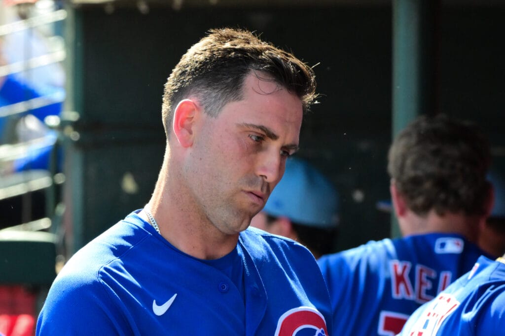 Feb 26, 2026; Tempe, Arizona, USA; Chicago Cubs pitcher Matthew Boyd (16) looks on prior to the game against the Los Angeles Angels at Tempe Diablo Stadium.