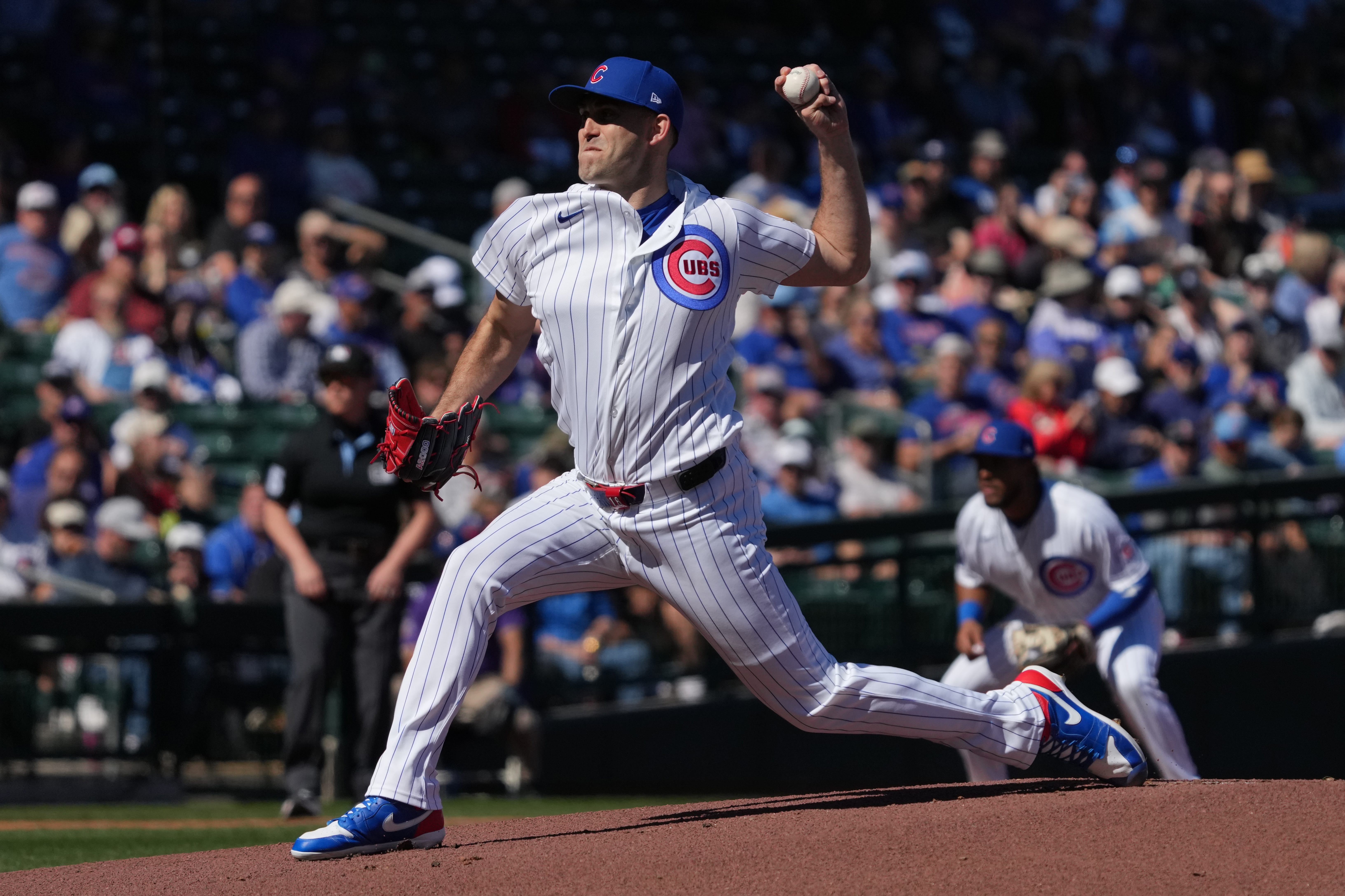 Feb 21, 2026; Mesa, Arizona, USA; Chicago Cubs pitcher Matthew Boyd (16) throws a pitch against the Texas Rangers in the first inning at Sloan Park.