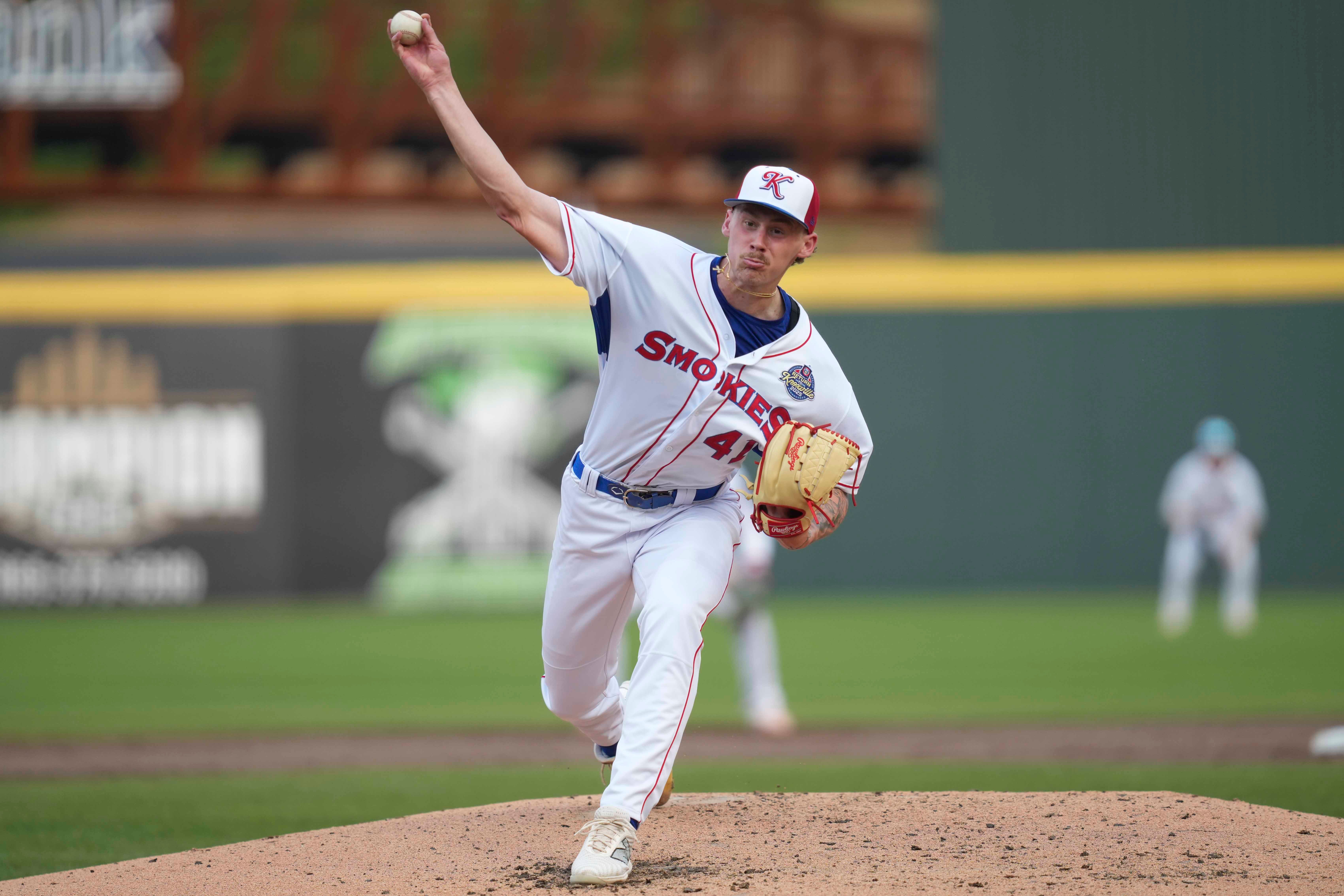 Knoxville Smokies pitcher Jaxon Wiggins (41) pitches during a minor league baseball game between the Knoxville Smokies and Chattanooga Lookouts at Covenant Health Park in Knoxville, Tenn., on June 3, 2025.