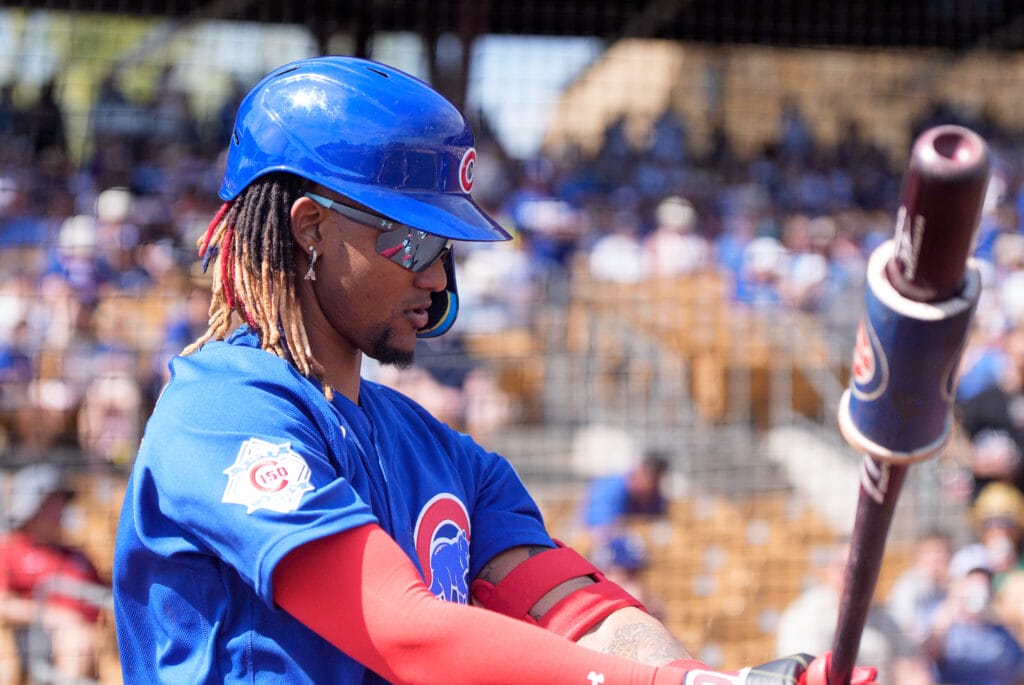 Feb 28, 2026; Phoenix, Arizona, USA; Chicago Cubs designated hitter Kevin Alcantara (13) prepared for his at bat in the first inning of a spring training game against the Los Angeles Dodgers at Camelback Ranch-Glendale.