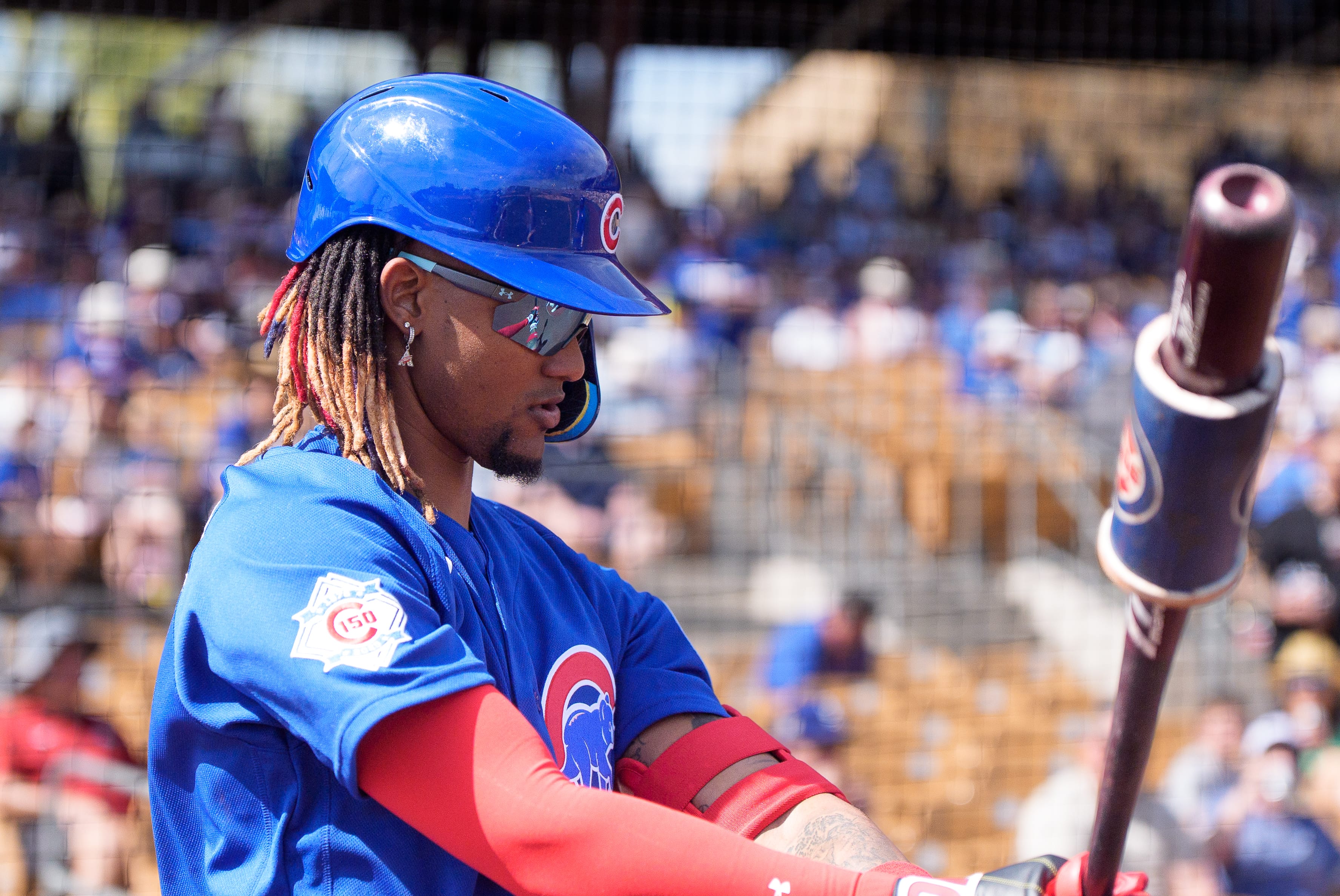 Feb 28, 2026; Phoenix, Arizona, USA; Chicago Cubs designated hitter Kevin Alcantara (13) prepared for his at bat in the first inning of a spring training game against the Los Angeles Dodgers at Camelback Ranch-Glendale.