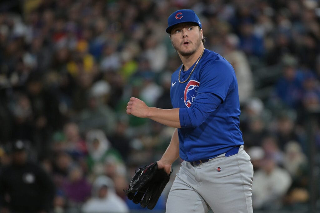 Apr 1, 2025; West Sacramento, California, USA; Chicago Cubs pitcher Justin Steele (35) looks on after throwing a pitch against the Athletics during the second inning at Sutter Health Park.