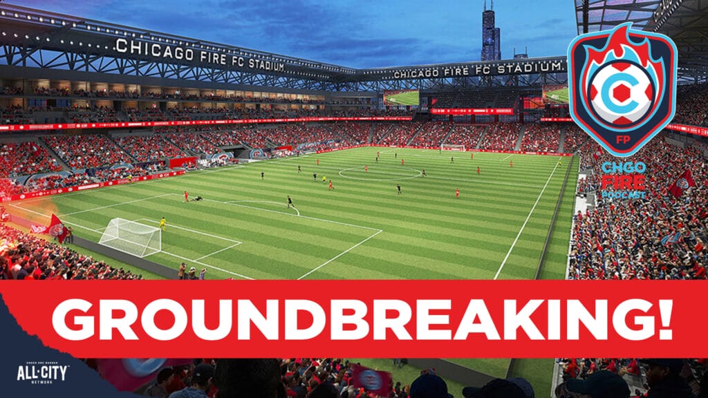 A rendering of the Fire's future stadium from the southeast corner of the stadium upper deck looking north. The Willis Tower can be seen over the north end of the stadium. The CHGO Fire logo is in the top right corer and a red banner with white text across the bottom of the picture reads 'GROUNDBREAKING!'