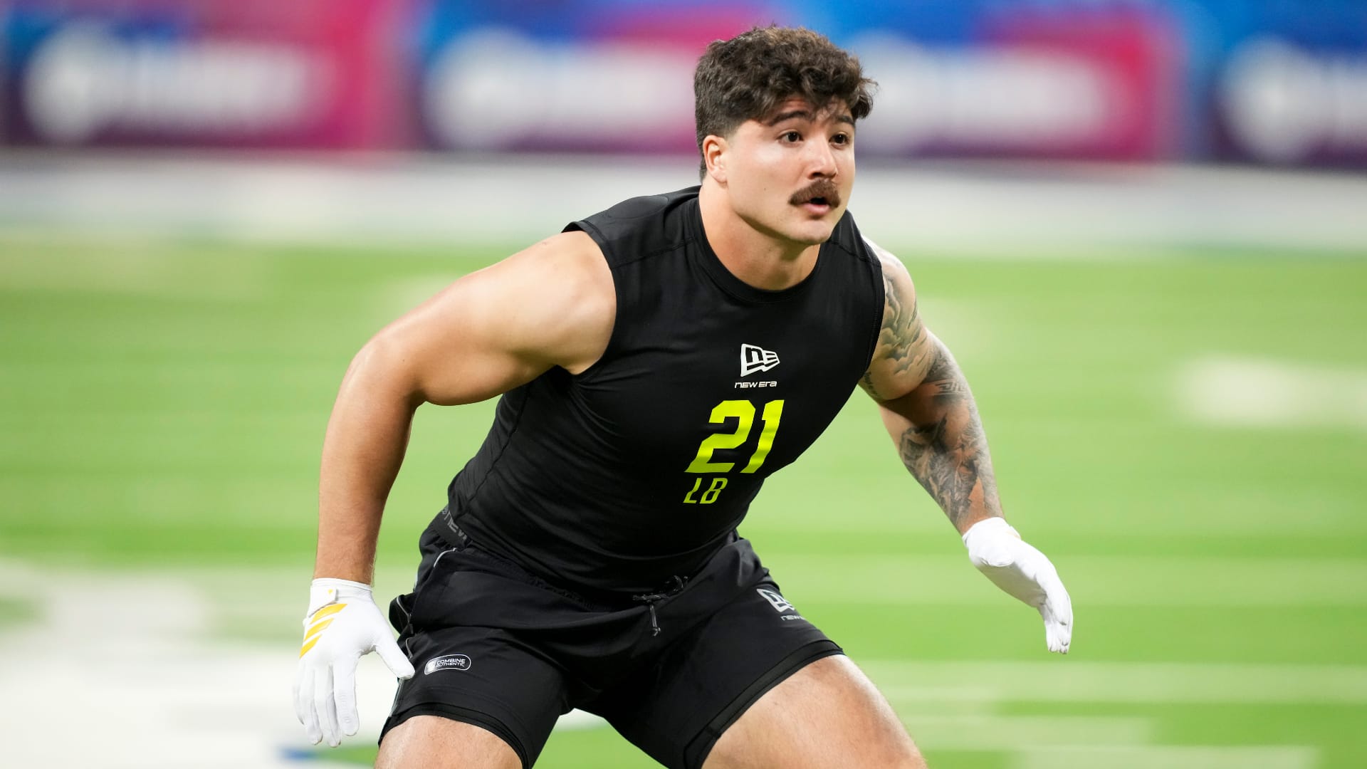 Bears prospect and Texas Tech linebacker Jacob Rodriguez (LB21) during the NFL Scouting Combine at Lucas Oil Stadium. Mandatory Credit: Kirby Lee-Imagn Images