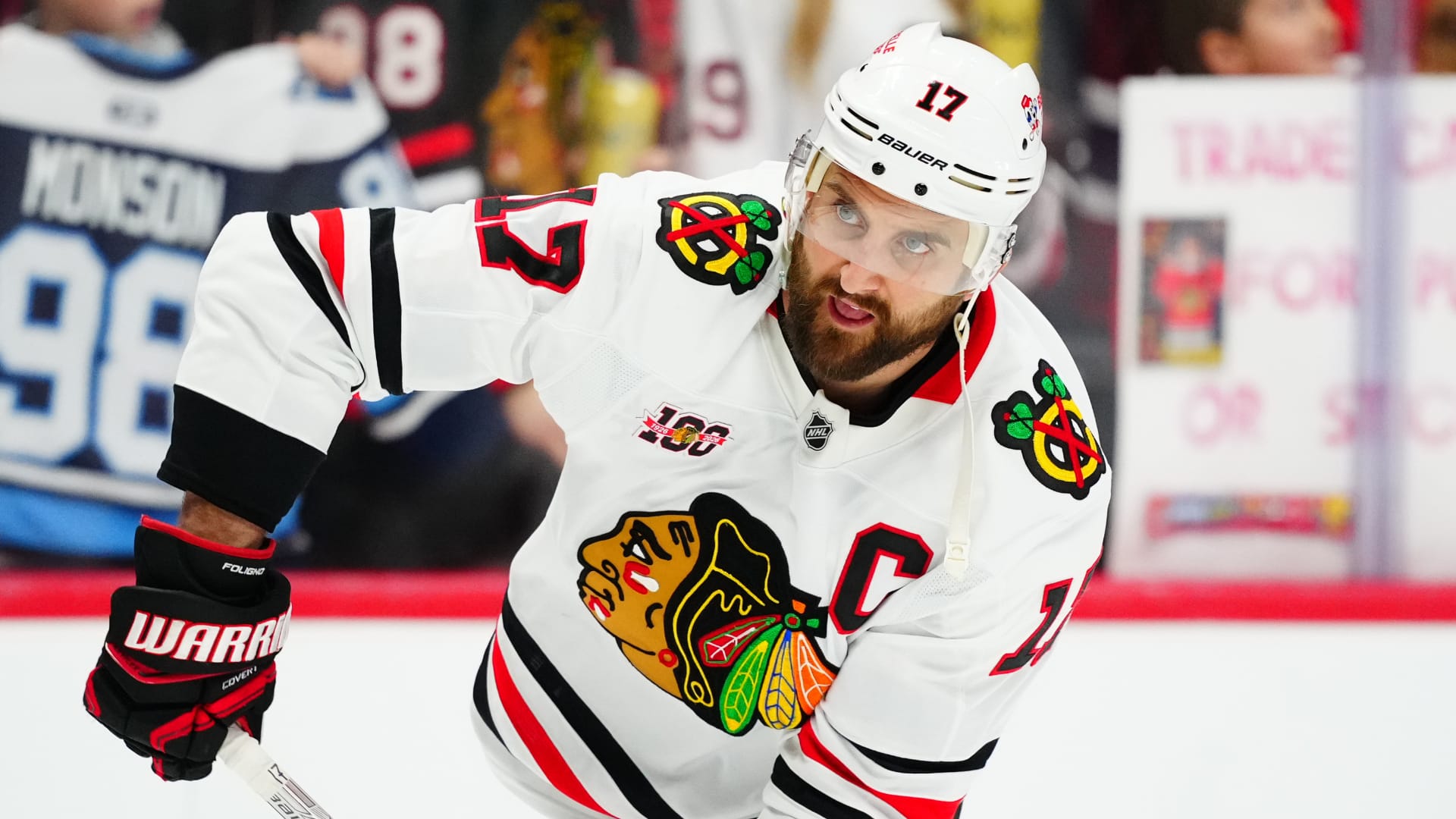 Chicago Blackhawks left wing Nick Foligno (17) warms up before the game against the Colorado Avalanche at Ball Arena. Mandatory Credit: Ron Chenoy-Imagn Images