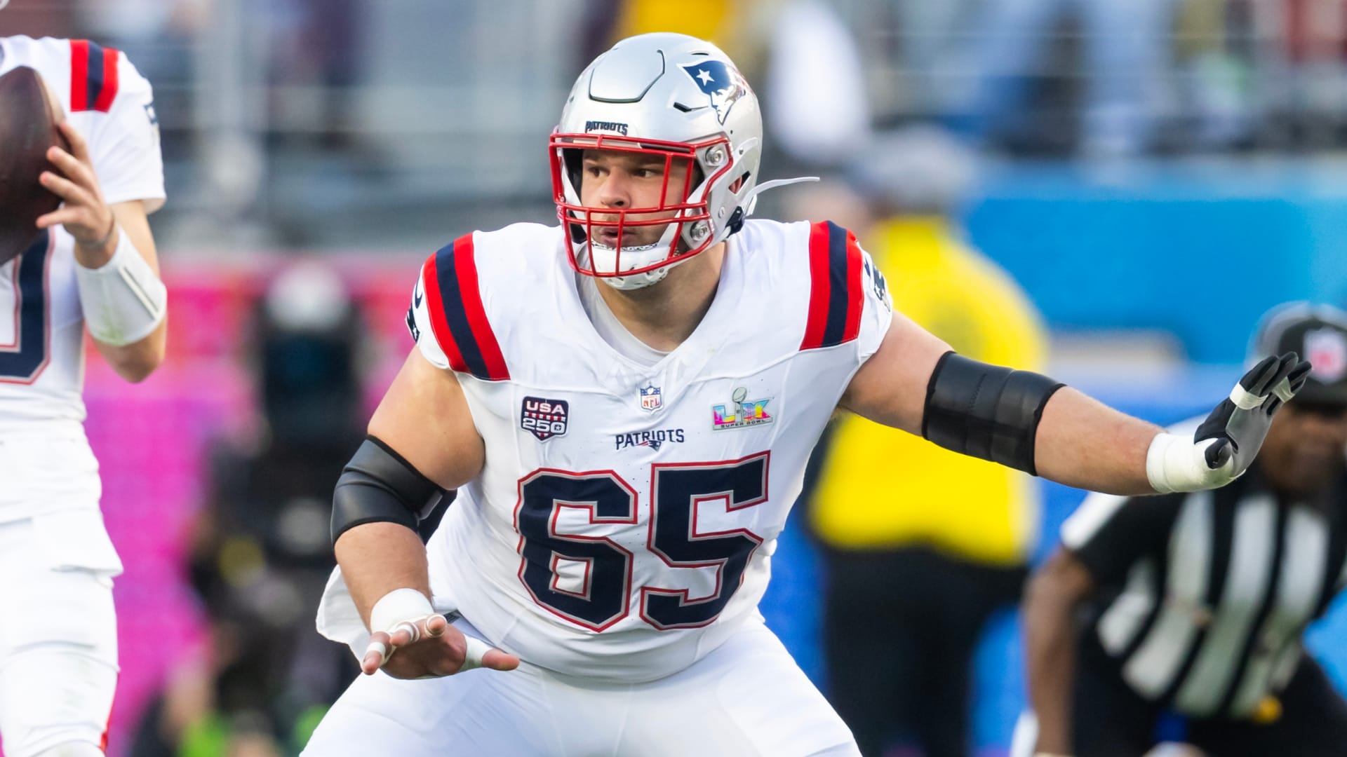 Chicago Bears (ex-Patriots) center Garrett Bradbury (65) blocks for quarterback Drake Maye (10) against the Seattle Seahawks during Super Bowl LX at Levi's Stadium. Mandatory Credit: Mark J. Rebilas-Imagn Images