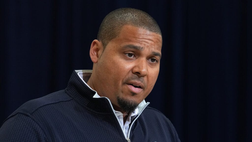 Chicago Bears general manager Ryan Poles speaks at the NFL Scouting Combine at the Indiana Convention Center. Mandatory Credit: Kirby Lee-Imagn Images