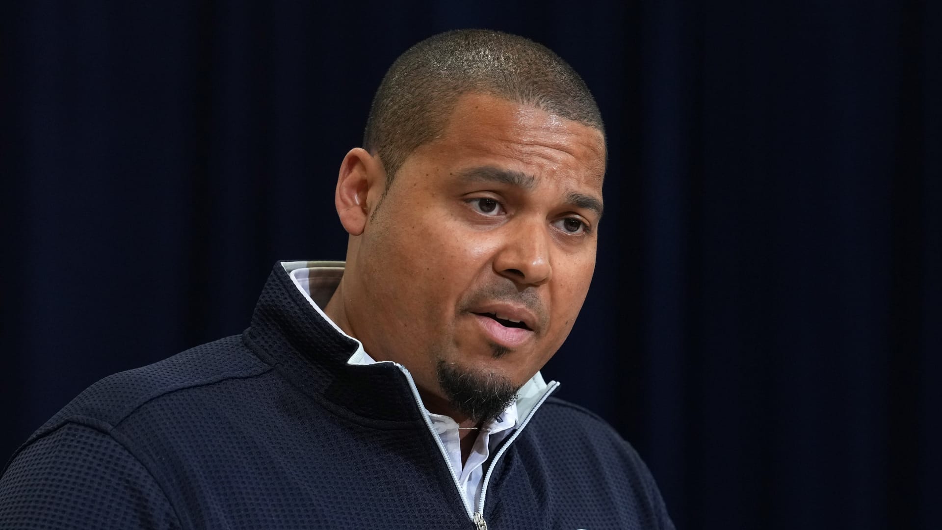 Chicago Bears general manager Ryan Poles speaks at the NFL Scouting Combine at the Indiana Convention Center. Mandatory Credit: Kirby Lee-Imagn Images