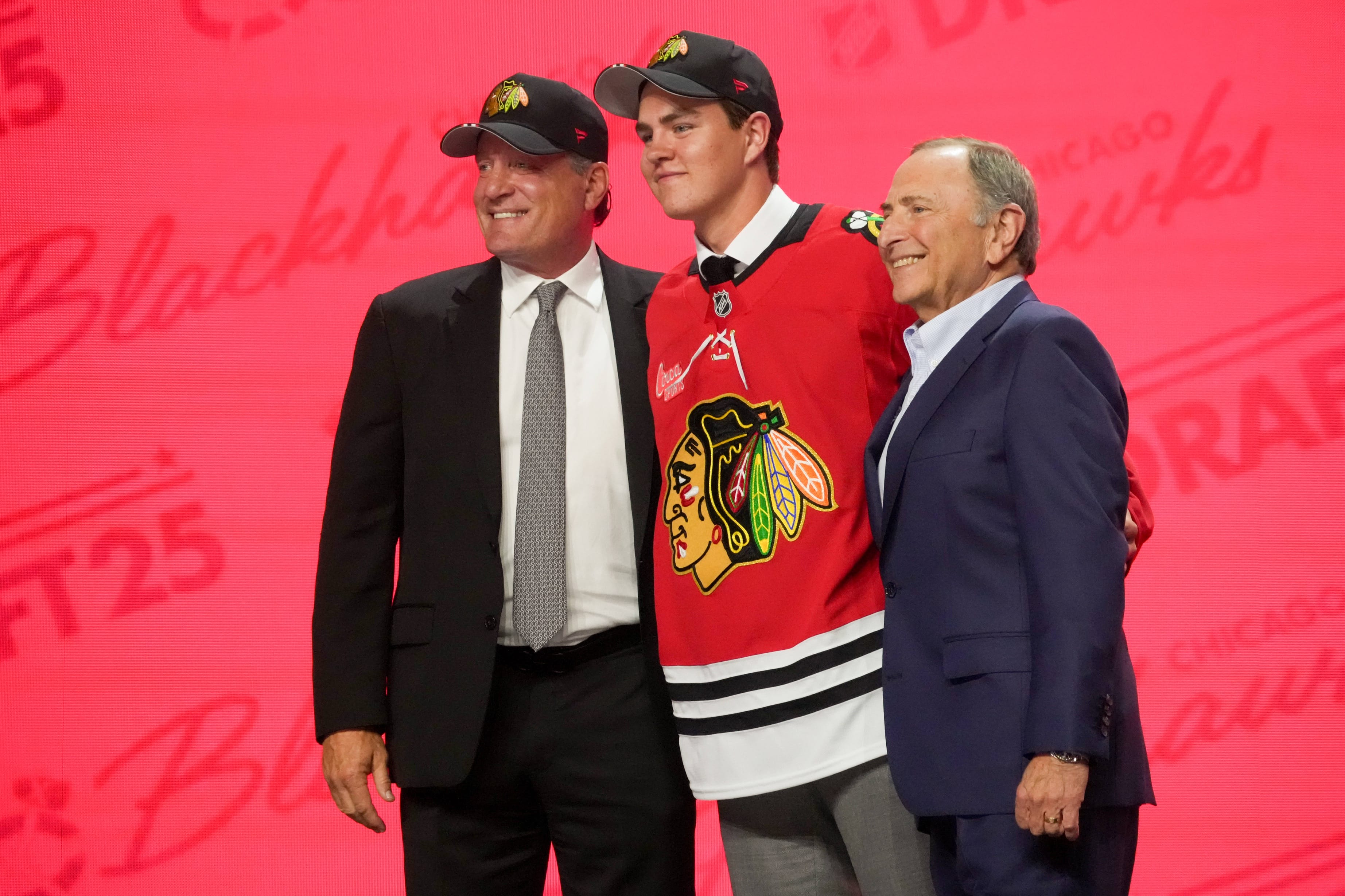 Jun 27, 2025; Los Angeles, California, USA; Anton Frondell is selected as the third overall pick to the Chicago Blackhawks in the first round of the 2025 NHL Draft at Peacock Theater. Mandatory Credit: Kirby Lee-Imagn Images