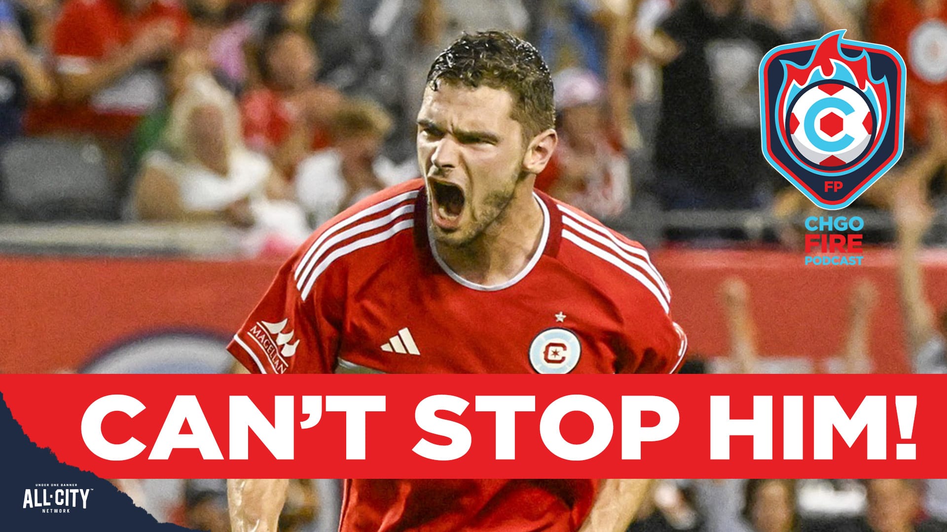 Hugo Cuypers, wearing the Fire's red home kit, yells in celebration. A red banner with white text across the bottom of the screen reads 'CAN'T STOP HIM'