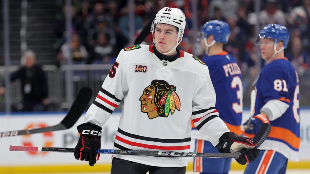 Chicago Blackhawks center Anton Frondell (15) skates against the New York Islanders during the third period at UBS Arena. Mandatory Credit: Brad Penner-Imagn Images