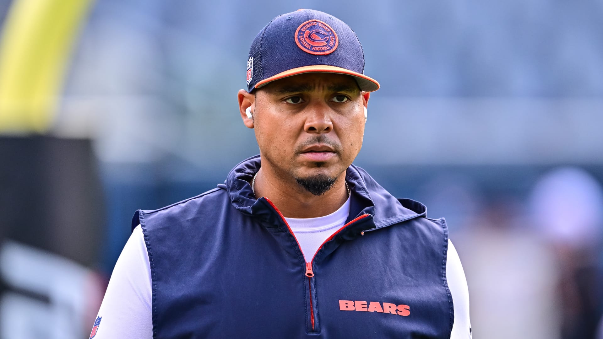 Aug 17, 2024; Chicago, Illinois, USA; Chicago Bears general manager Ryan Poles looks on before the game against the Cincinnati Bengals at Soldier Field. Mandatory Credit: Daniel Bartel-USA TODAY Sports