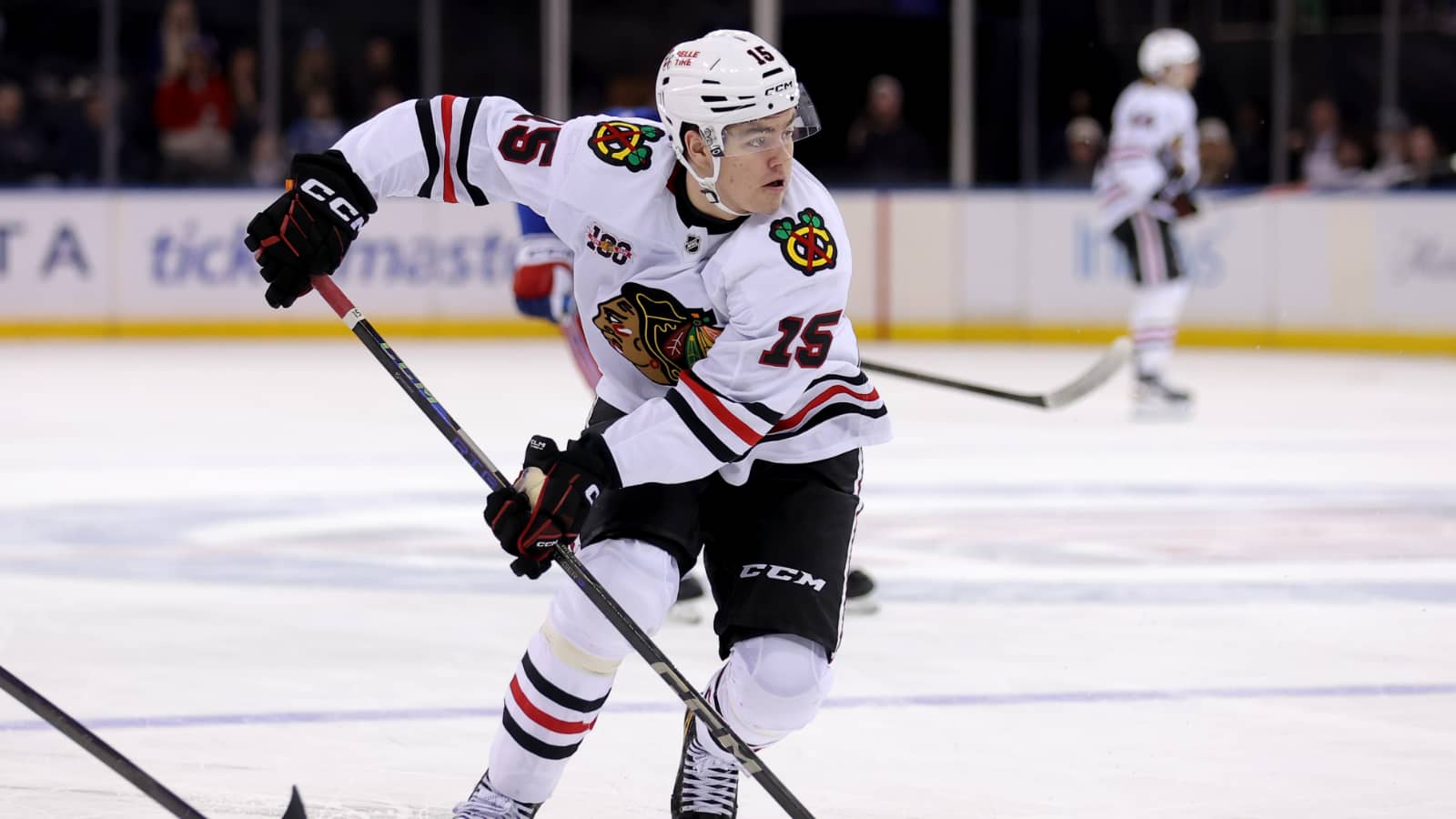 Mar 27, 2026; New York, New York, USA; Chicago Blackhawks center Anton Frondell (15) skates with the puck against the New York Rangers during the third period at Madison Square Garden. Mandatory Credit: Brad Penner-Imagn Images