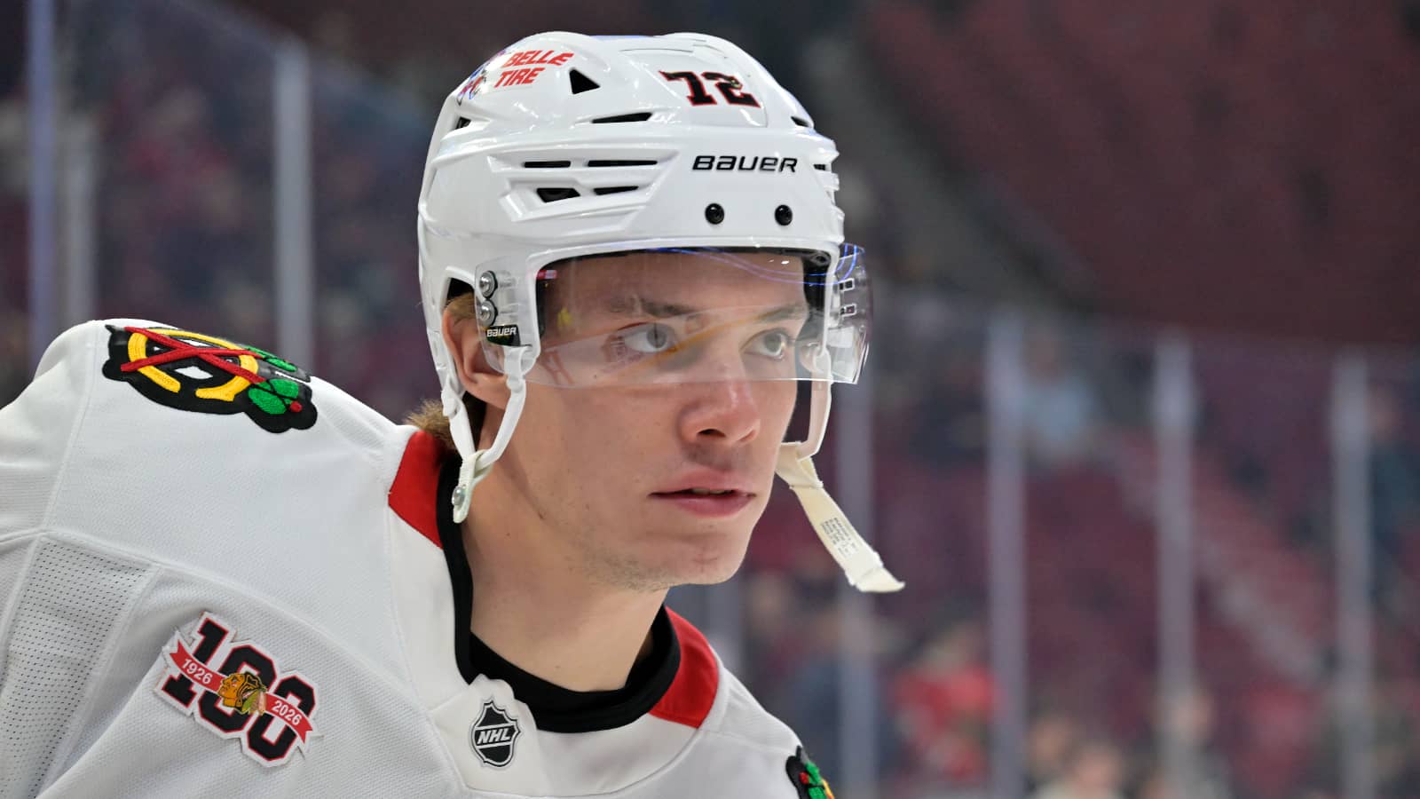 Dec 18, 2025; Montreal, Quebec, CAN; Chicago Blackhawks defenseman Alex Vlasic (72) skates during the warmup before the game against the Montreal Canadiens at the Bell Centre. Mandatory Credit: Eric Bolte-Imagn Images