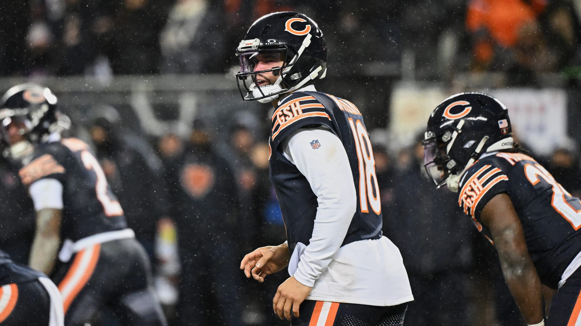 Chicago Bears quarterback Caleb Williams (18) calls the snap count from shotgun formation against the Los Angeles Rams during the third quarter of an NFC Divisional Round game at Soldier Field. Mandatory Credit: Matt Marton-Imagn Images
