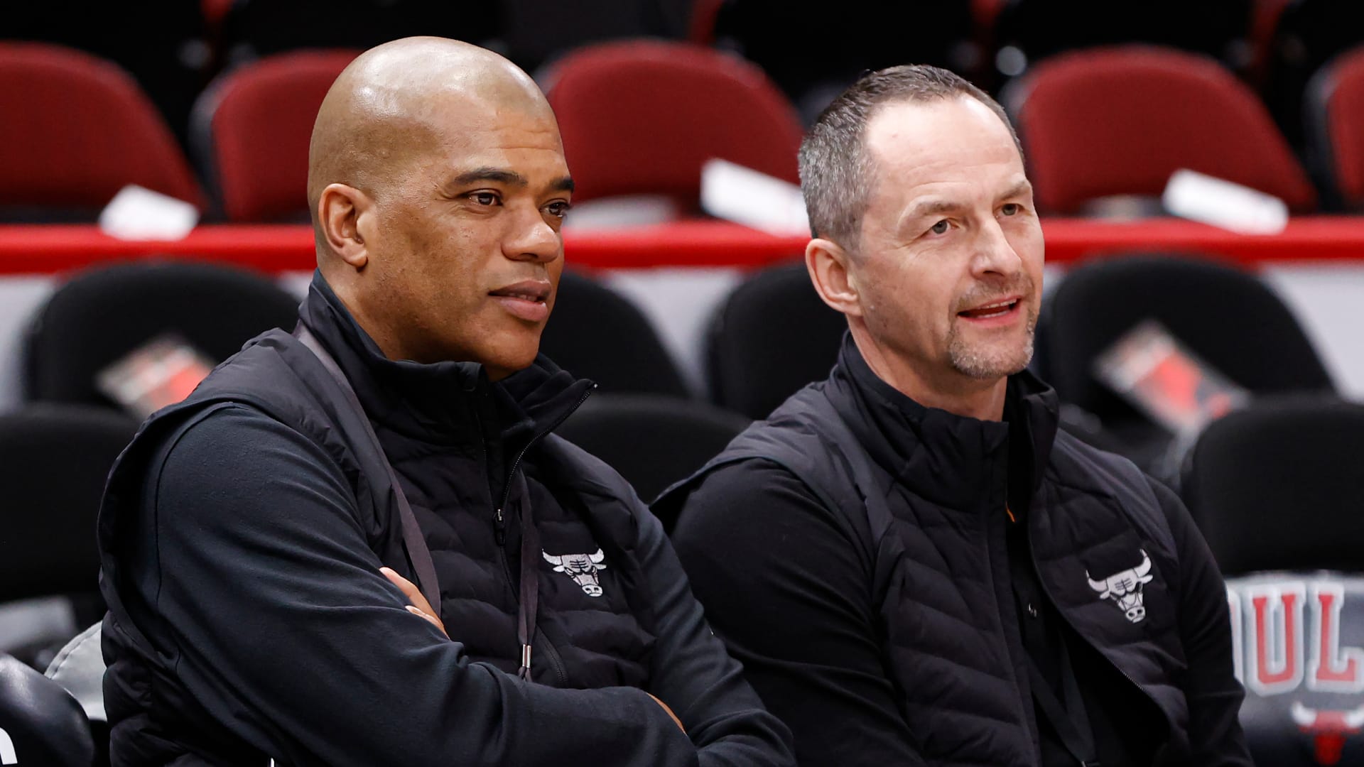 Chicago Bulls executive vice president of basketball operations Arturas Karnisovas (right) talks with general manager Marc Eversley (left) before game three of the first round for the 2022 NBA playoffs against the Milwaukee Bucks at United Center. Mandatory Credit: Kamil Krzaczynski-Imagn Images