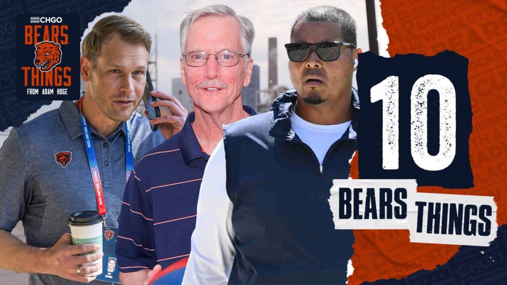 Chicago Bears' Ben Johnson, George McCaskey and Ryan Poles
