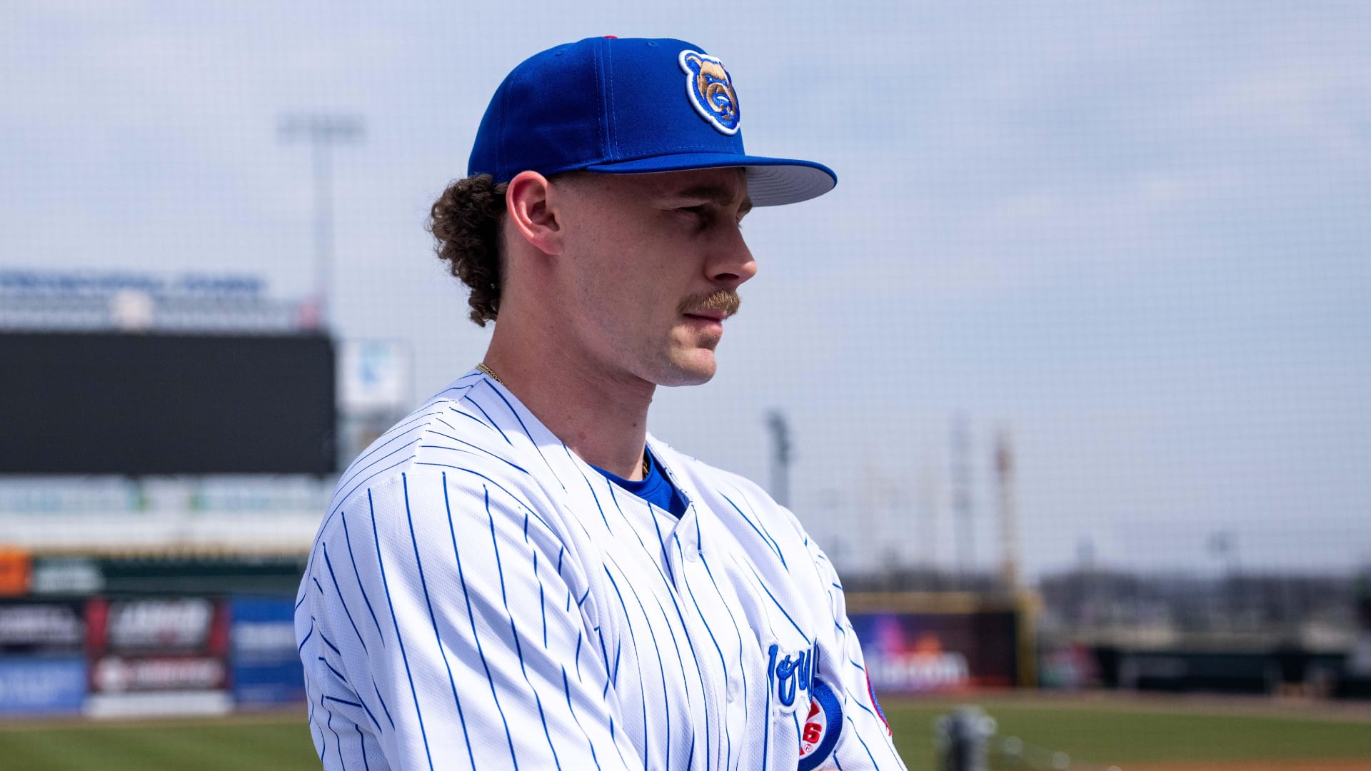 Cubs pitcher Jaxon Wiggins speaks with reporters during the Iowa Cubs media day on March 25, 2026, at Principal Park in Des Moines.