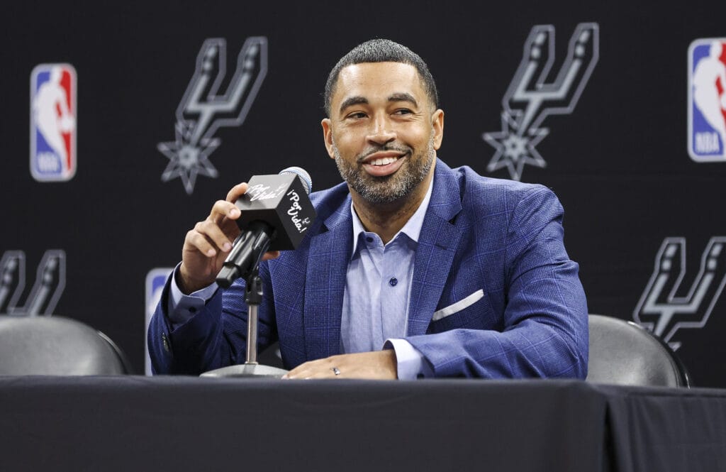 San Antonio Spurs general manager and possible Bulls candidate Brian Wright speaks at a press conference at AT&T Center.