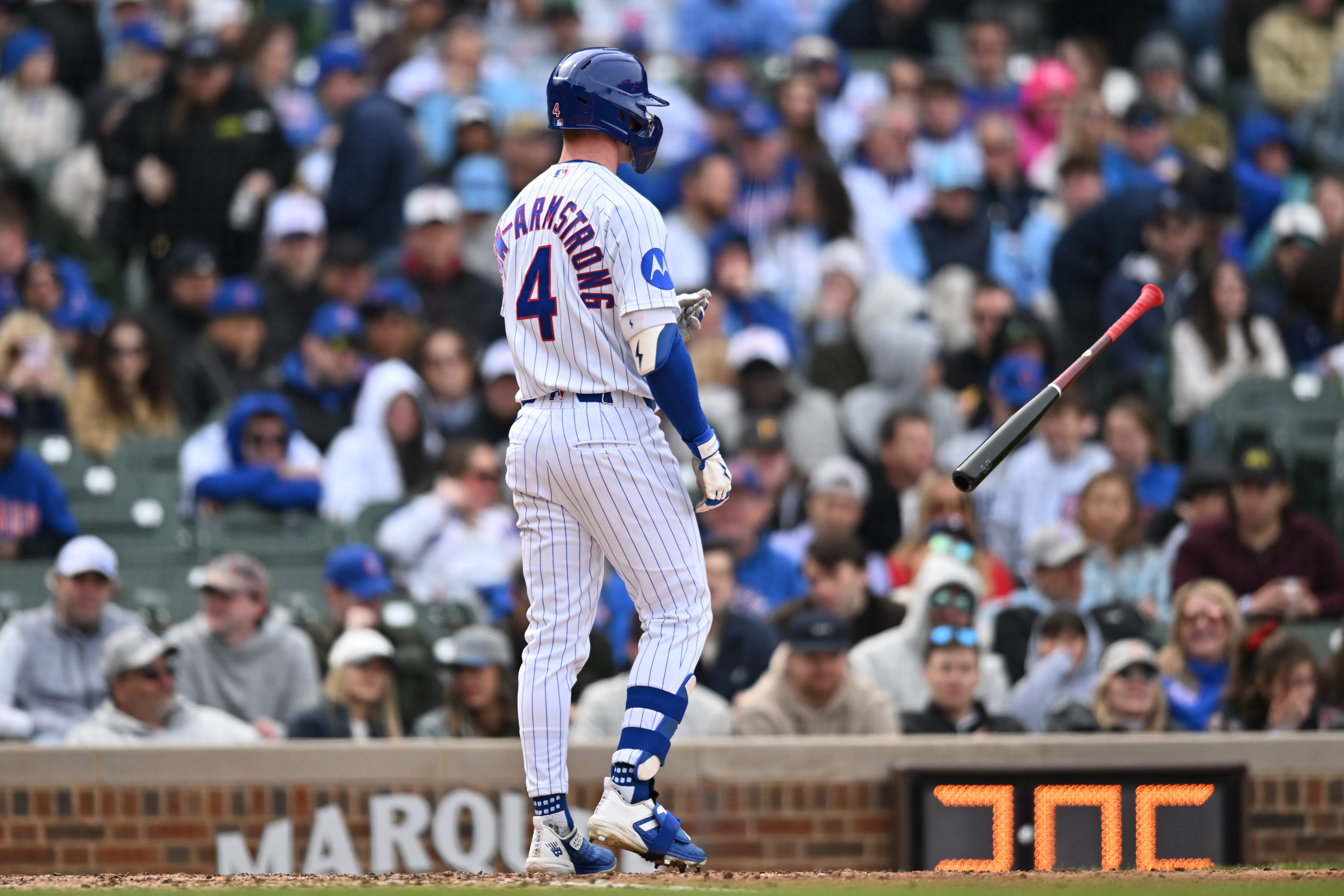 Apr 11, 2026; Chicago, Illinois, USA; Chicago Cubs center fielder Pete Crow-Armstrong (4) reacts after striking out to end the sixth inning against the Pittsburgh Pirates at Wrigley Field.
