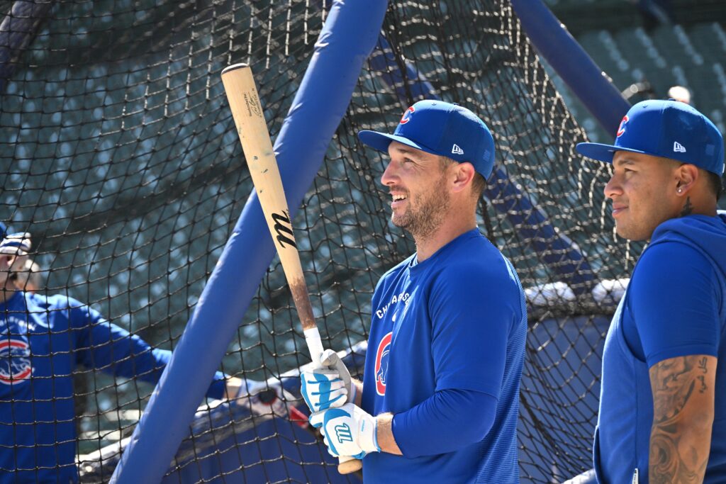 Apr 11, 2026; Chicago, Illinois, USA; Chicago Cubs third baseman Alex Bregman (3) looks on next to designated hitter Moises Ballesteros (25) during batting practice prior to a game against the Pittsburgh Pirates at Wrigley Field.