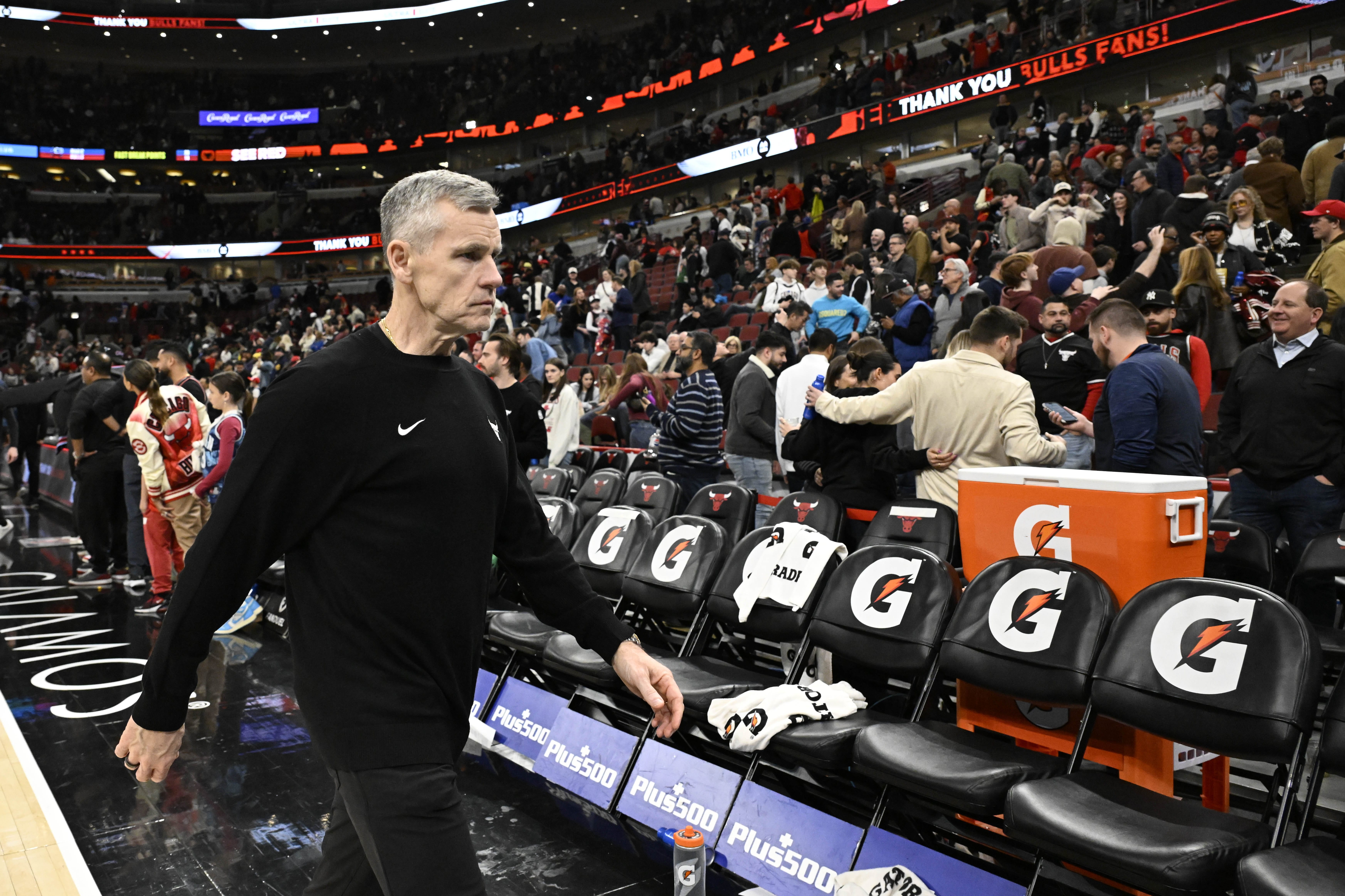 Apr 10, 2026; Chicago, Illinois, USA; Chicago Bulls Head Coach Billy Donovan leaves the court after the game against the Orlando Magic at the United Center.