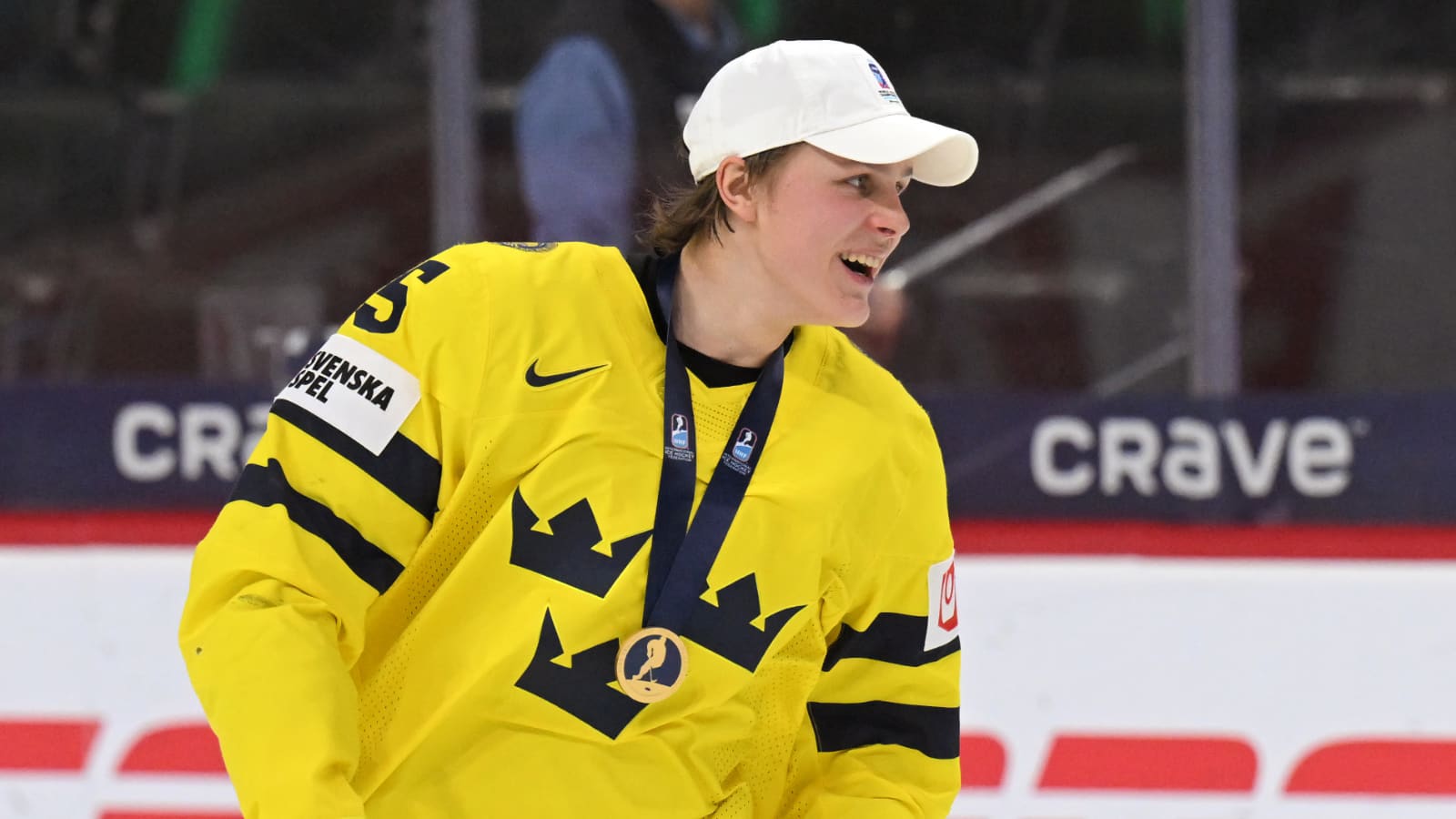 Sweden forward and possible Blackhawks draft target Ivar Stenberg (15) after defeating Czechia in the final of the 2026 IIHF World Junior Championship ice hockey tournament at Grand Casino Arena.