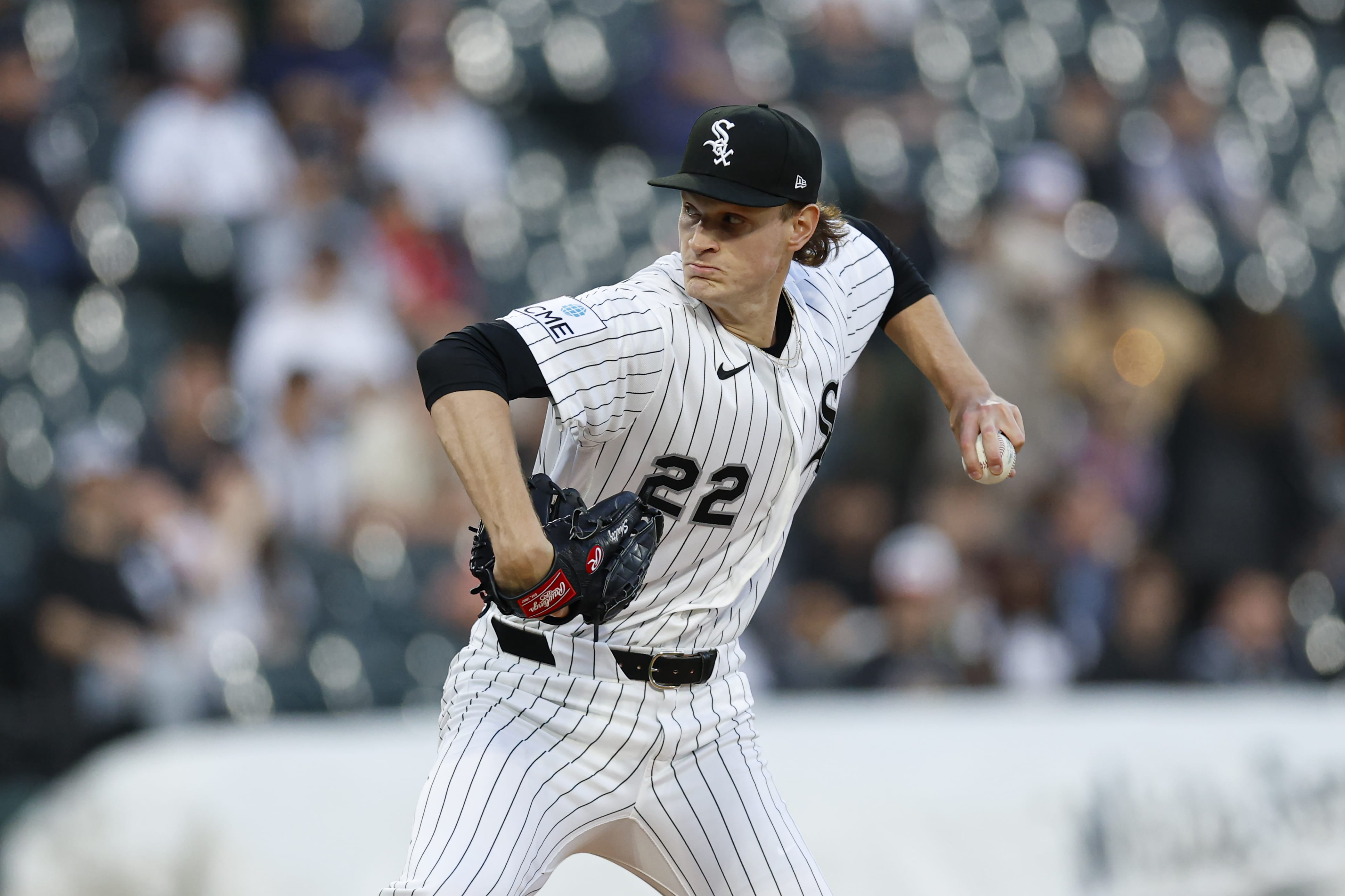 Apr 14, 2026; Chicago, Illinois, USA; Chicago White Sox starting pitcher Noah Schultz (22) delivers a pitch against the Tampa Bay Rays during the first inning at Rate Field.