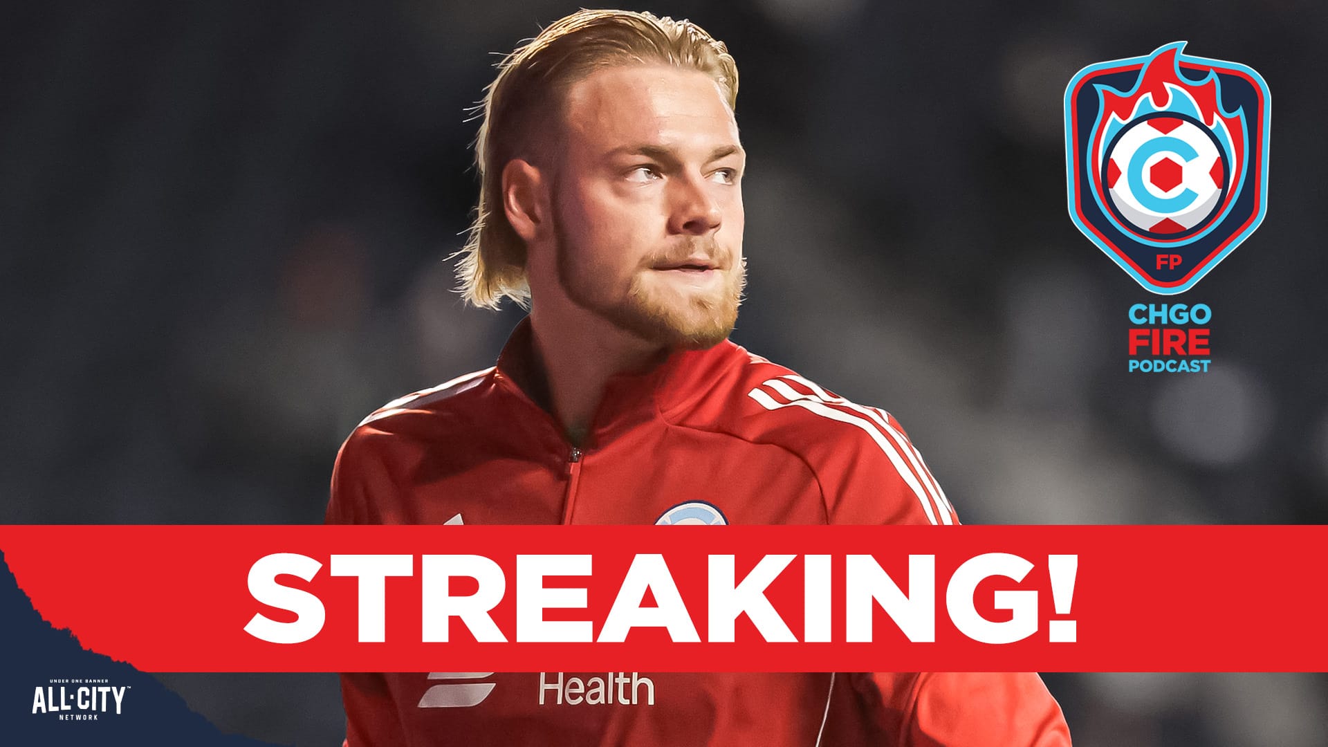 Fire goalkeeper Chris Brady, running to the left, looks back over his right shoulder. The CHGO Fire logo is in the top right corner, and a red banner with white text across the bottom reads 'STREAKING!'