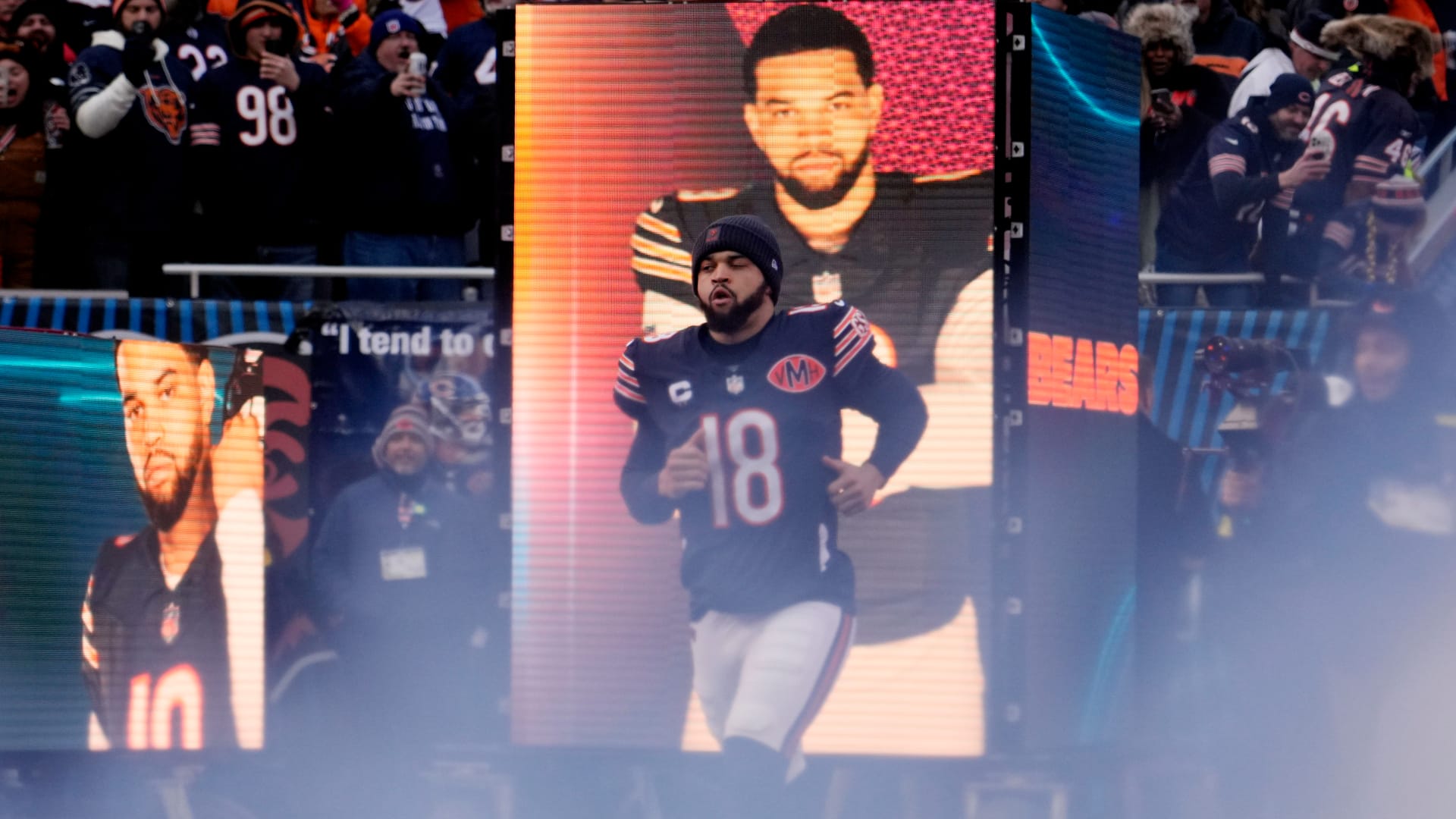 Jan 4, 2026; Chicago, Illinois, USA; Chicago Bears quarterback Caleb Williams (18) runs onto the field before the game between the Chicago Bears and the Detroit Lions at Soldier Field. Mandatory Credit: David Banks-Imagn Images