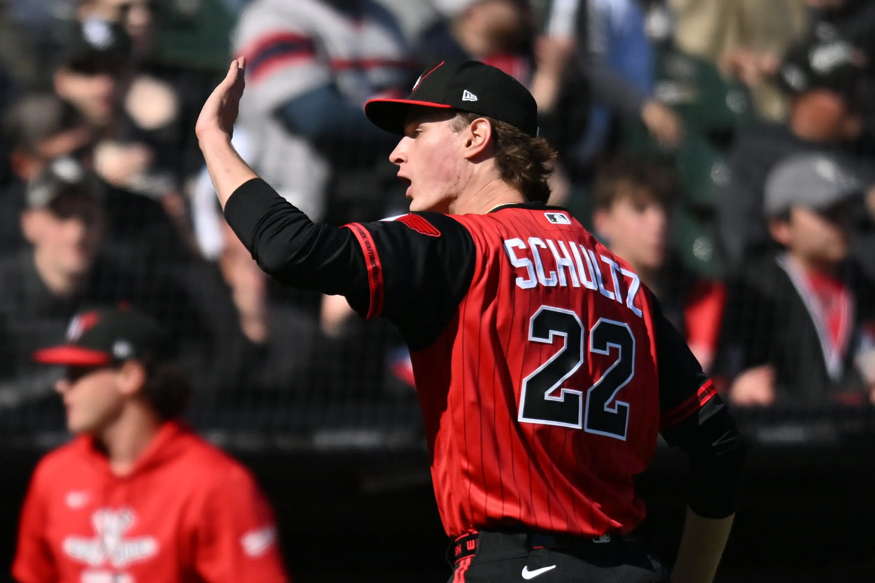 Apr 25, 2026; Chicago, Illinois, USA; Chicago White Sox pitcher Noah Schultz (22) celebrates after ending the top of the third inning against the Washington Nationals at Rate Field.