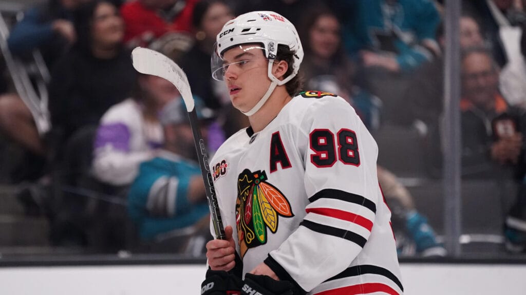Apr 6, 2026; San Jose, California, USA; Chicago Blackhawks center Connor Bedard (98) waits for play to resume during a game against the San Jose Sharks in the second period at SAP Center at San Jose. Mandatory Credit: David Gonzales-Imagn Images