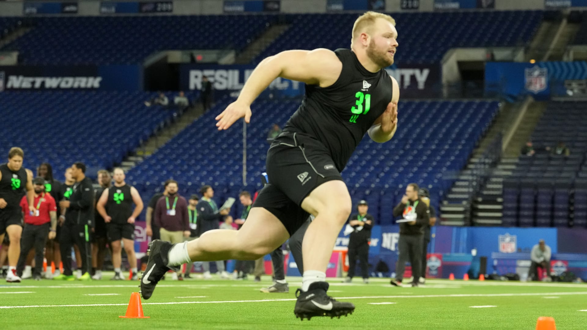 Bears second-round pick and Iowa center Logan Jones (OL31) during the NFL Scouting Combine. (Kirby Lee-Imagn Images)