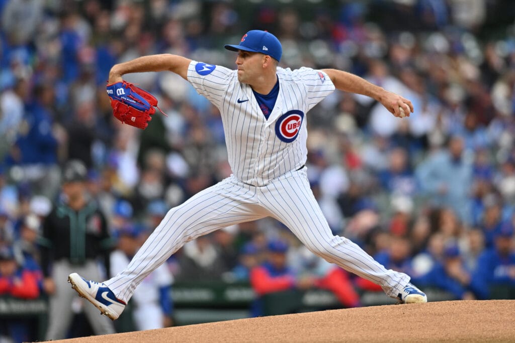 May 3, 2026; Chicago, Illinois, USA; Chicago Cubs pitcher Matthew Boyd (16) pitches against the Arizona Diamondbacks during the first inning at Wrigley Field.