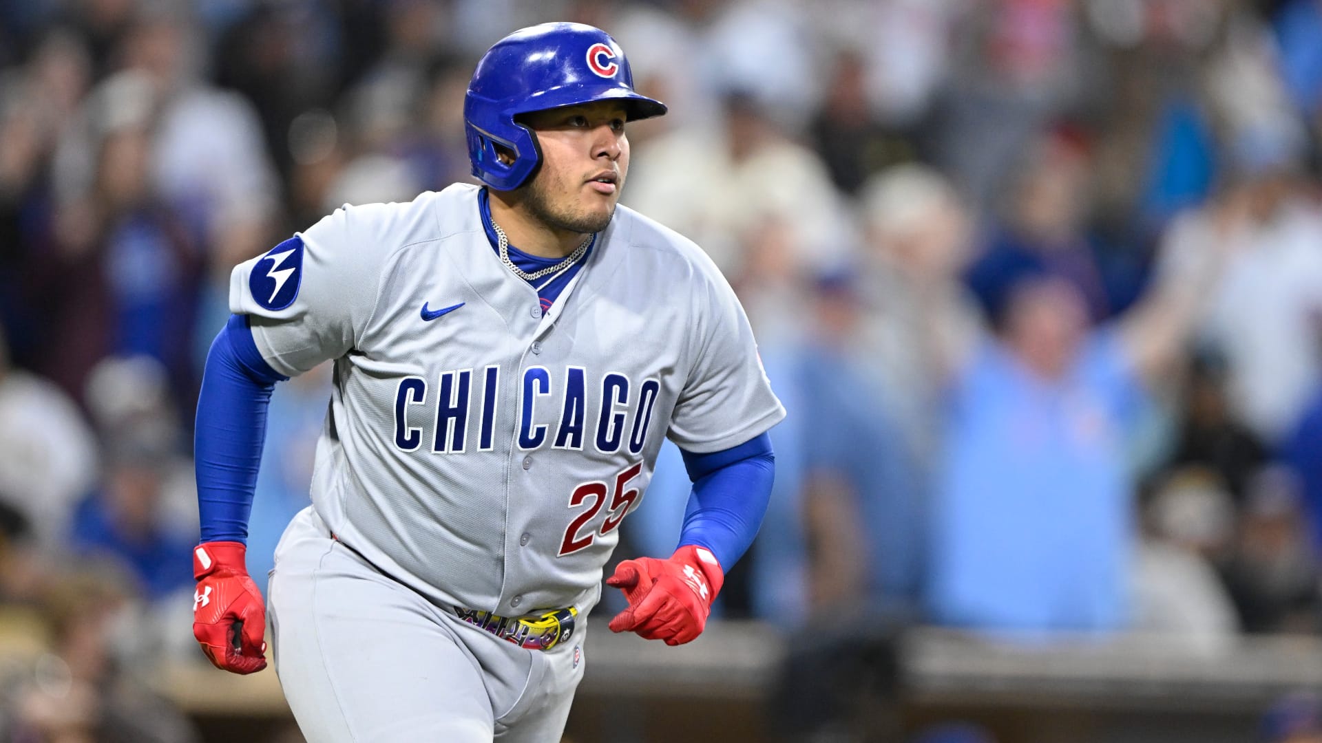 Chicago Cubs catcher Moises Ballesteros (25) runs after hitting a grand slam during the third inning against the San Diego Padres at Petco Park. Mandatory Credit: Denis Poroy-Imagn Images