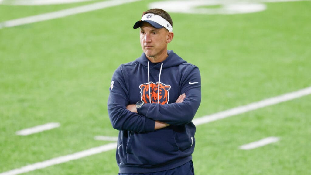 Chicago Bears defensive coordinator Dennis Allen walks on the field during Rookie Minicamp at Halas Hall. Mandatory Credit: Kamil Krzaczynski-Imagn Images