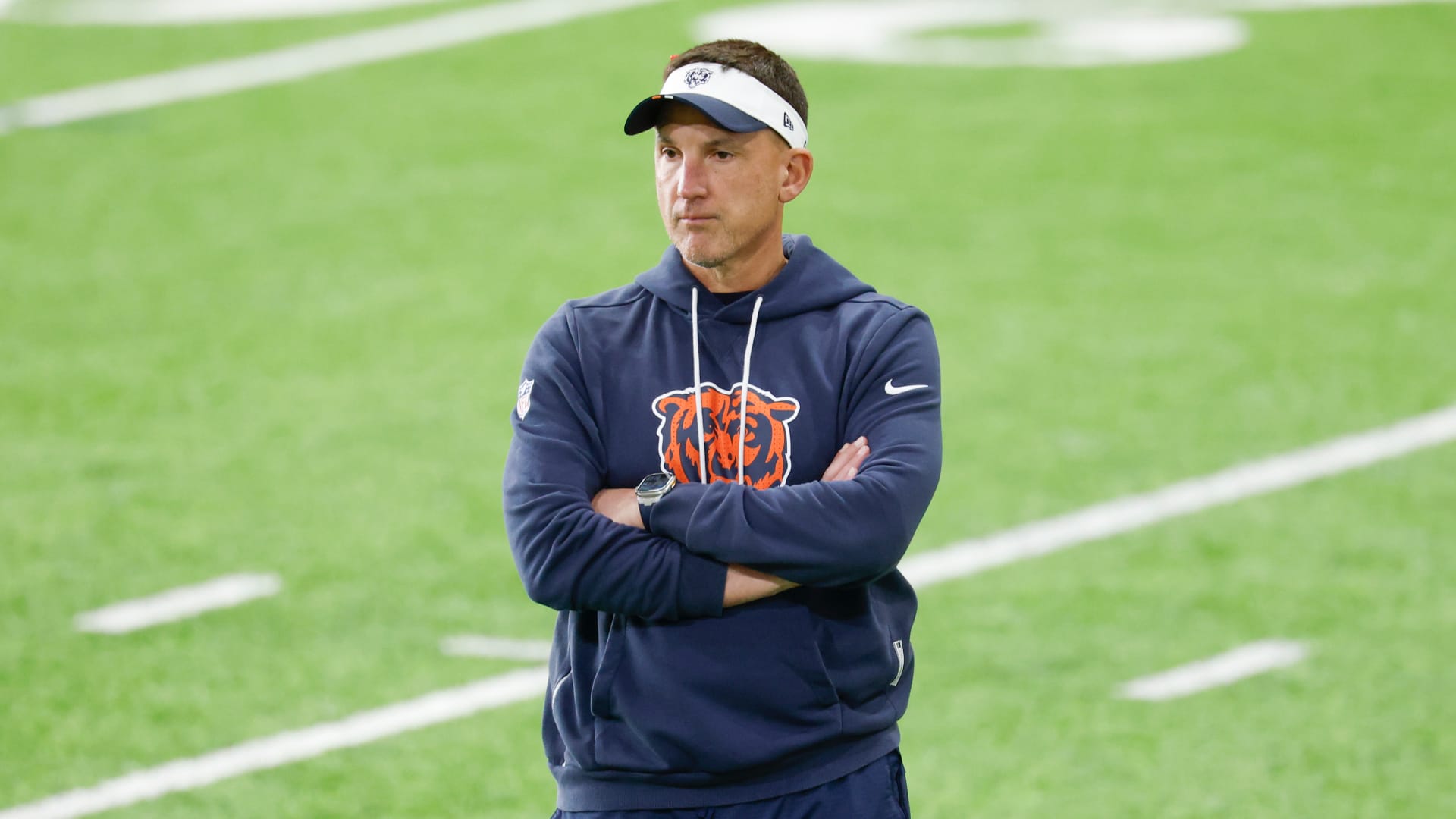Chicago Bears defensive coordinator Dennis Allen walks on the field during Rookie Minicamp at Halas Hall. Mandatory Credit: Kamil Krzaczynski-Imagn Images