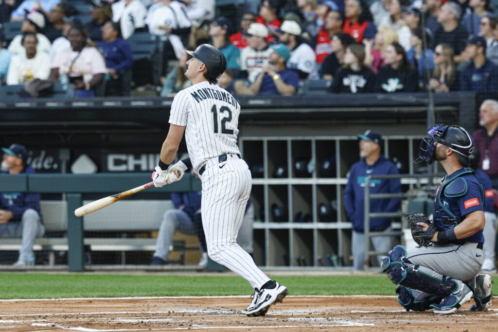 May 9, 2026; Chicago, Illinois, USA; Chicago White Sox shortstop Colson Montgomery (12) watches his two-run home run against the Seattle Mariners during the first inning at Rate Field.