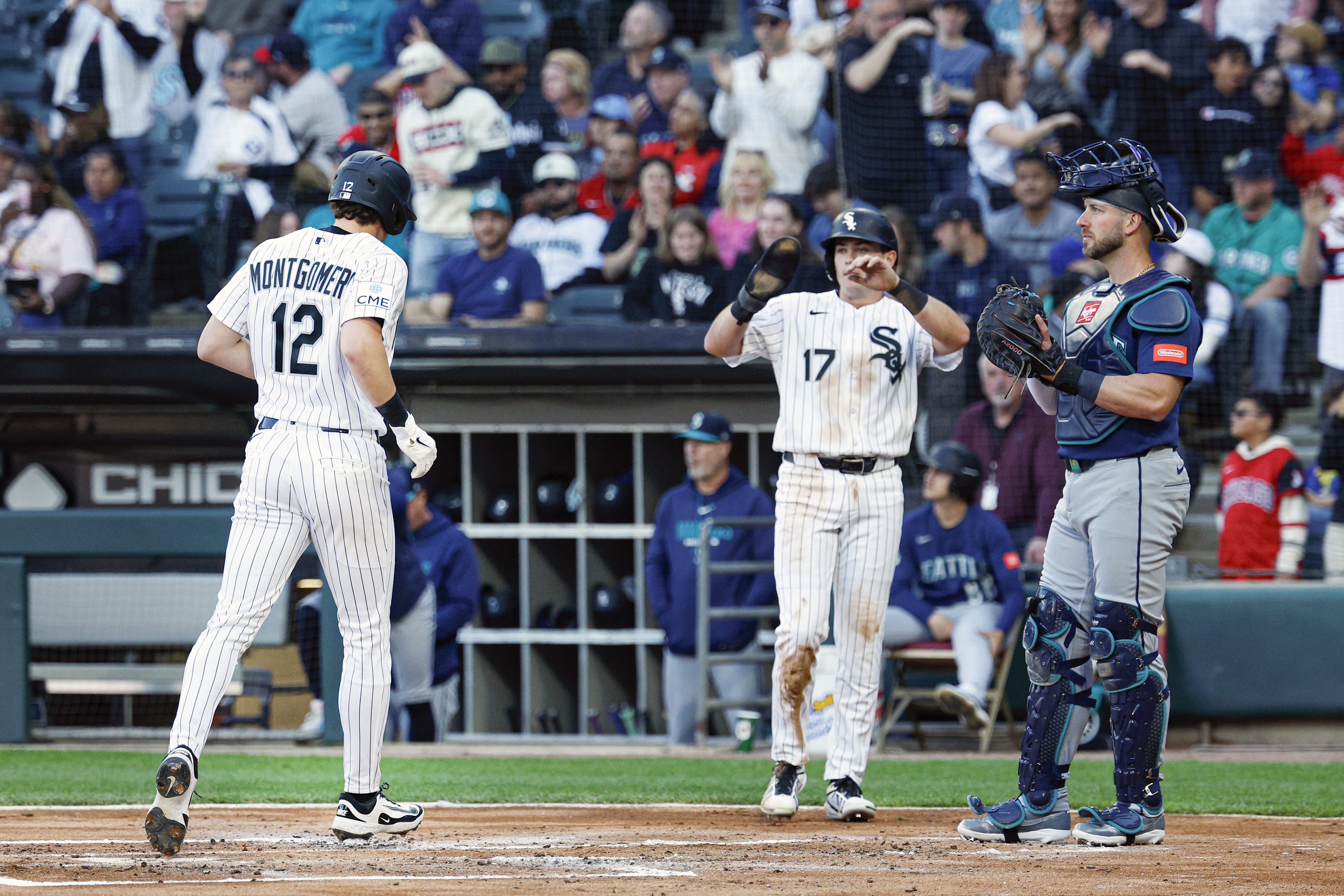 May 9, 2026; Chicago, Illinois, USA; Chicago White Sox shortstop Colson Montgomery (12) crosses home plate after hitting a two-run home run against the Seattle Mariners during the first inning at Rate Field.
