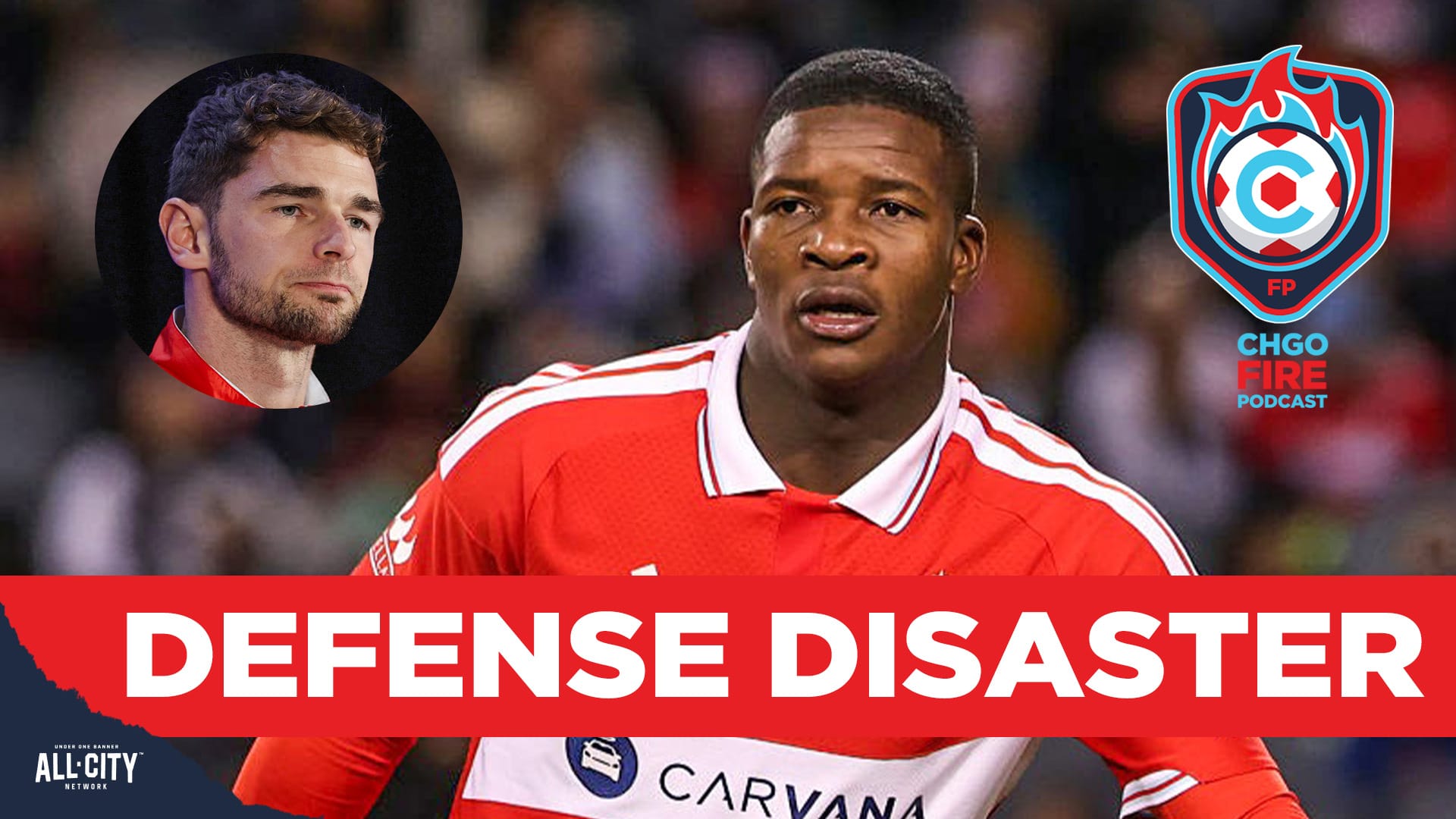 A photo of Mbekezeli Mbokazi in the Fire's red home kit during a game, with the face of Hugo Cuypers in a circular cutout in the upper left corner. A red banner with white text across the bottom reads 'DEFENSE DISASTER'