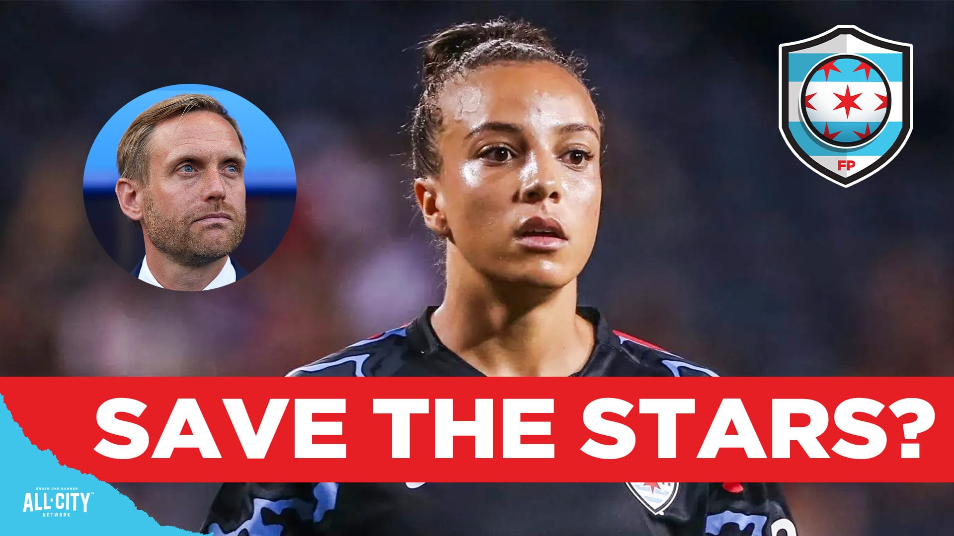 An image of Mallory Swanson, with a circular image of Stars coach Martin Sjogren in the top left corner. A red banner with white text across the bottom of the image reads 'SAVE THE STARS?'